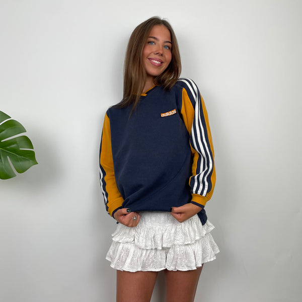 Adidas RARE Navy and Yellow Embroidered Spell Out Sweatshirt (S)