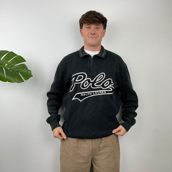 Polo Ralph Lauren Black Embroidered Spell Out Quarter Zip Sweatshirt (XL)