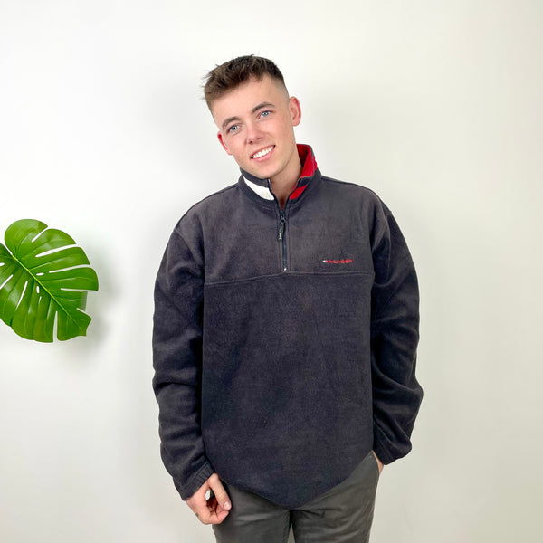 Tommy Hilfiger RARE Navy Embroidered Spell Out Teddy Bear Fleece Quarter Zip Sweatshirt (L)