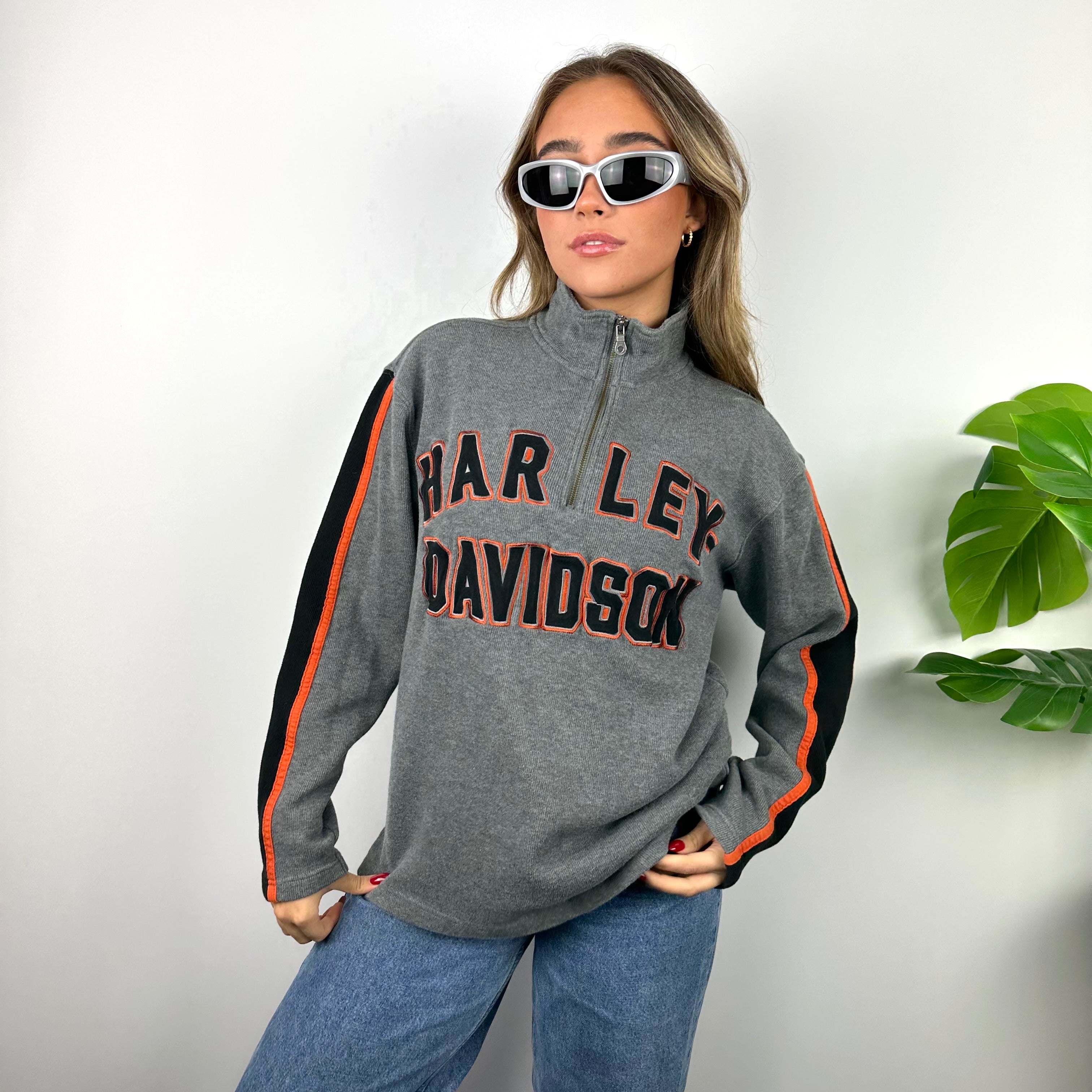 Harley Davidson Grey Embroidered Spell Out Quarter Zip Sweatshirt (S)