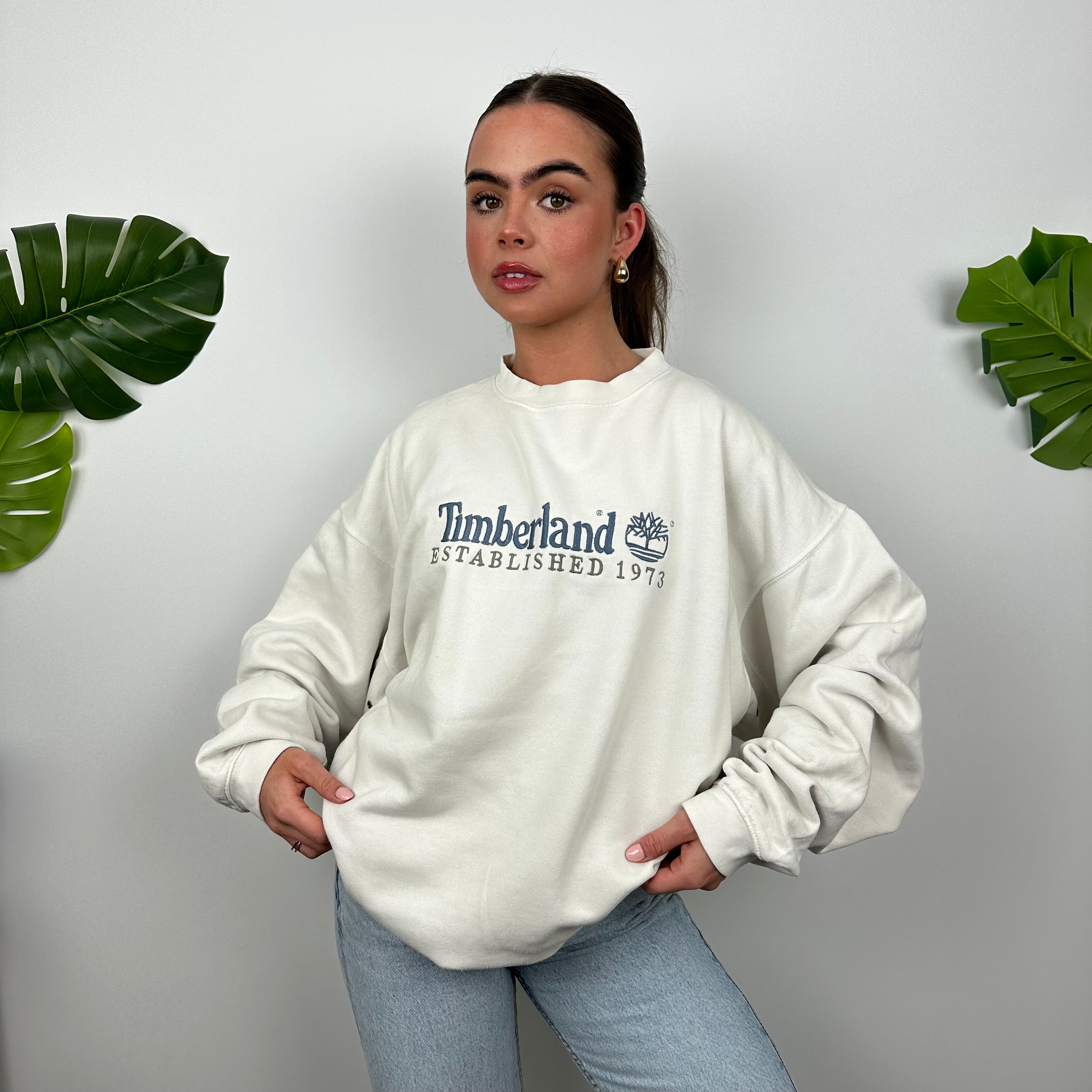 Timberland White Embroidered Spell Out Sweatshirt (M)