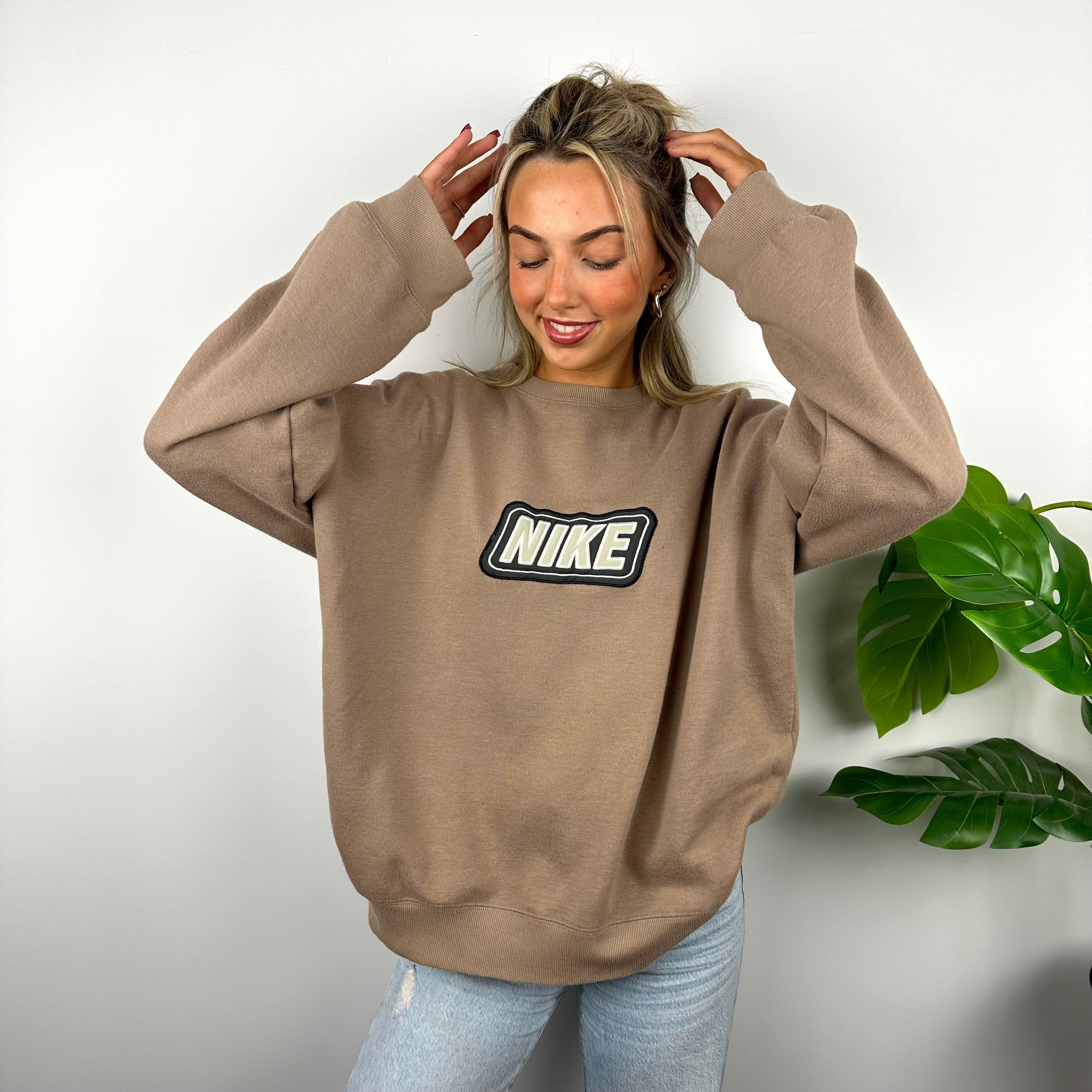 Nike Tan Brown Embroidered Spell Out Sweatshirt (L)