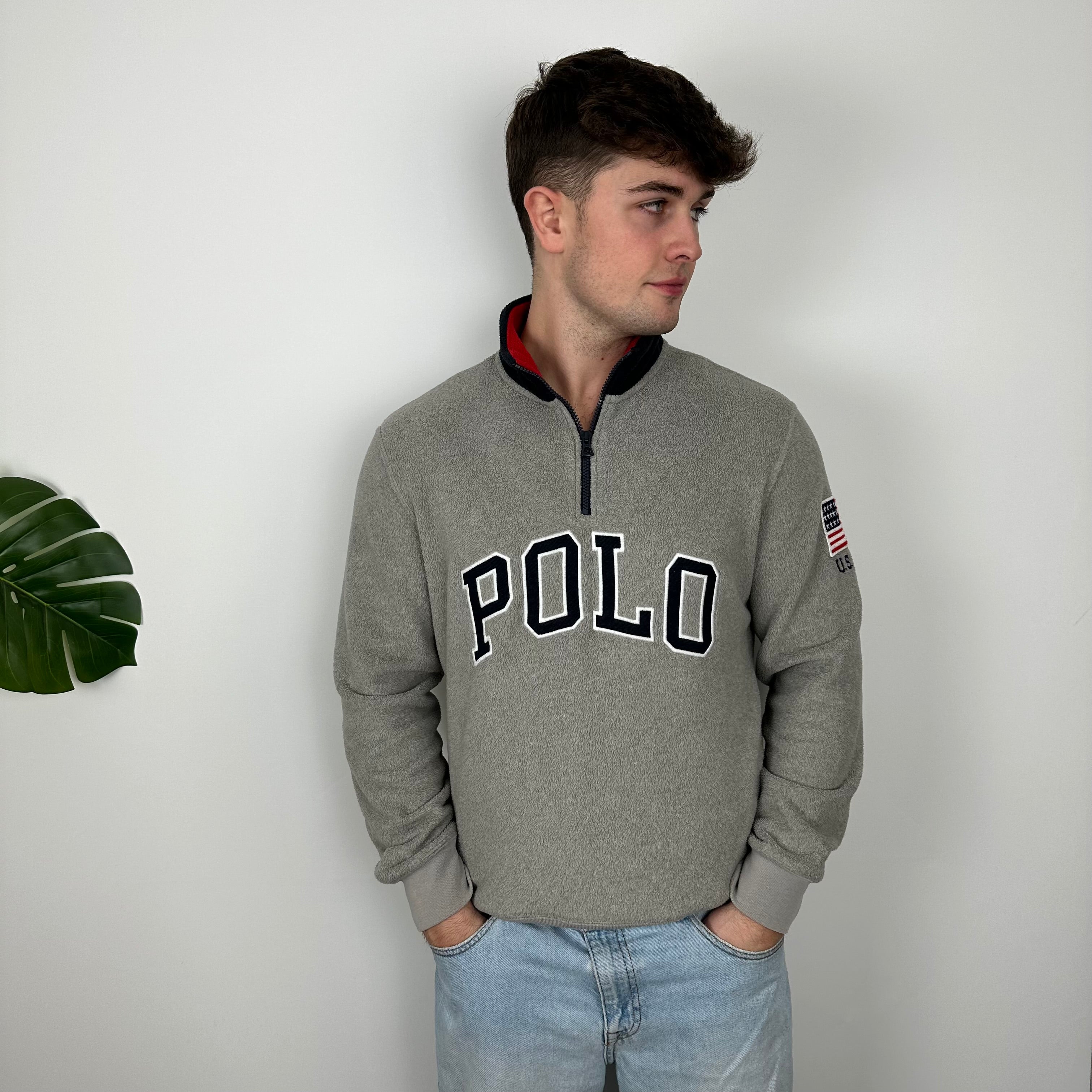 Polo Ralph Lauren Grey Embroidered Spell Out Fleece Quarter Zip (L)