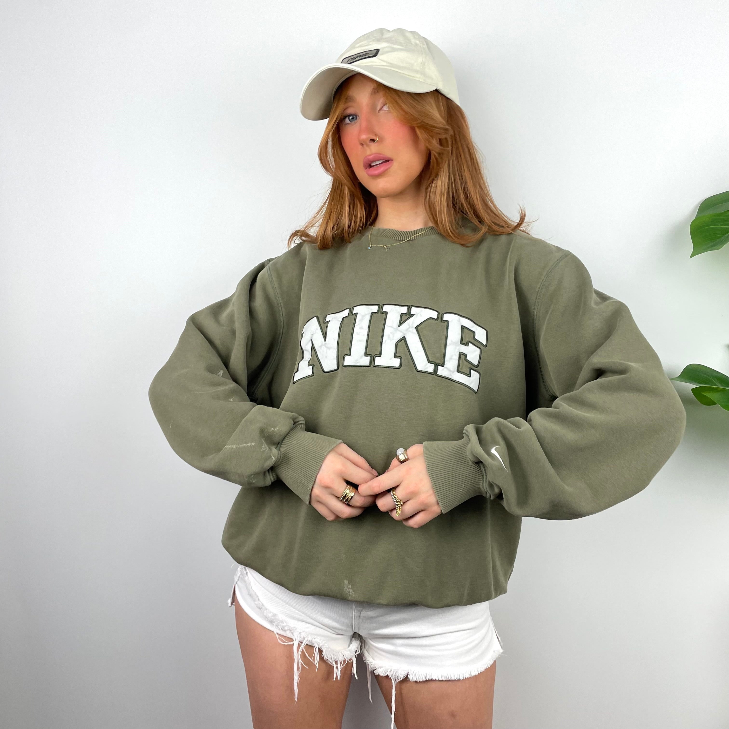 Nike Khaki Green Embroidered Spell Out Sweatshirt (M)