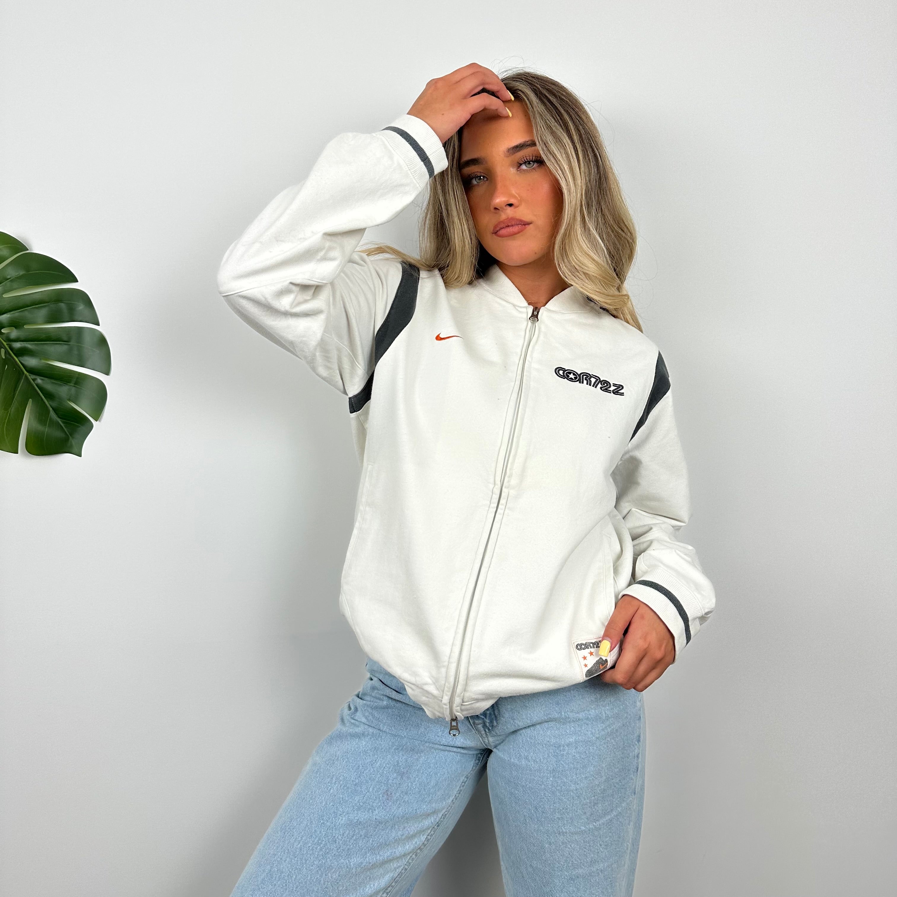 Nike Cortez RARE White Embroidered Spell Out Zip Up Hoodie Jacket (M)