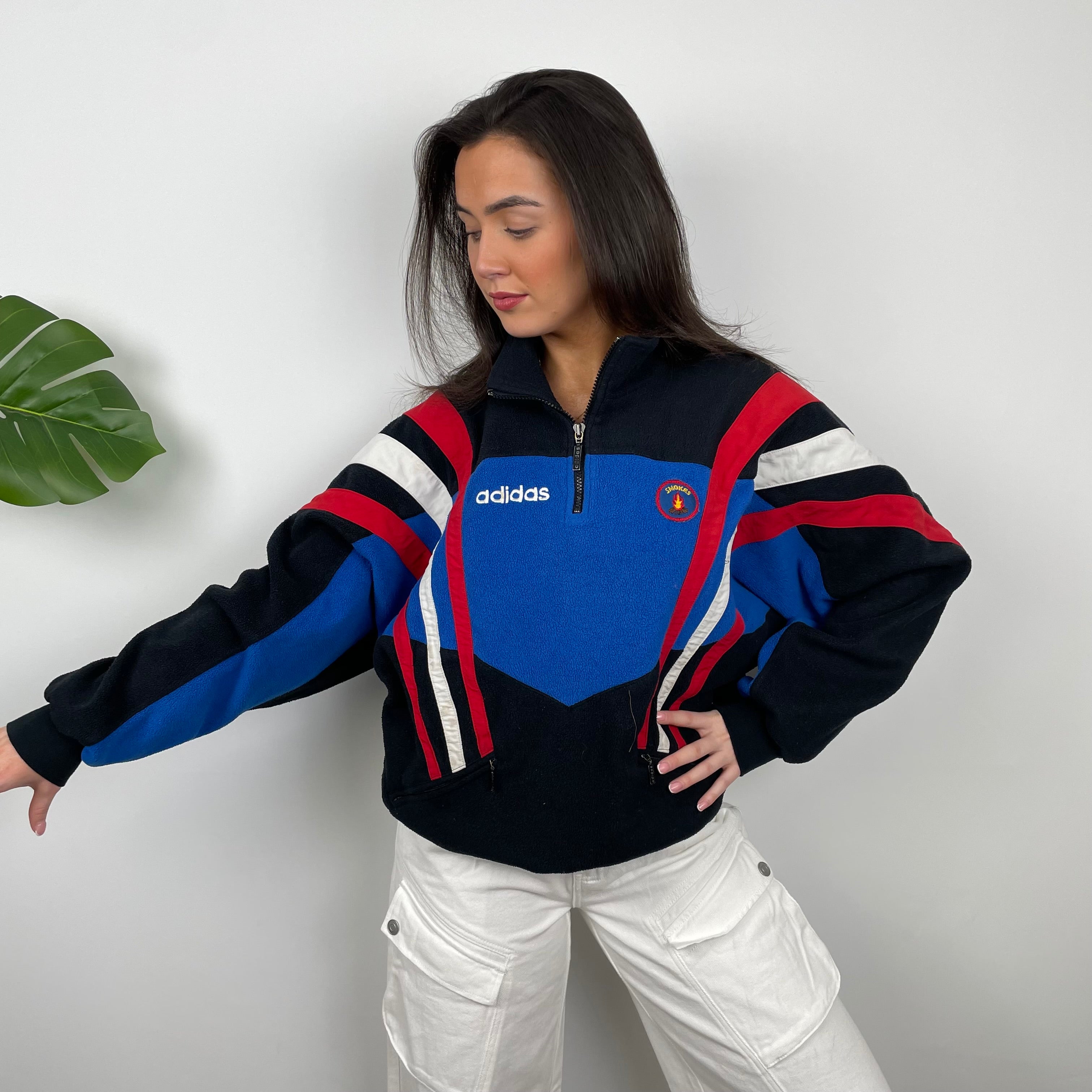 Adidas Blue RARE Colour Block Embroidered Spell Out Teddy Bear Fleece Quarter Zip Sweatshirt (L)