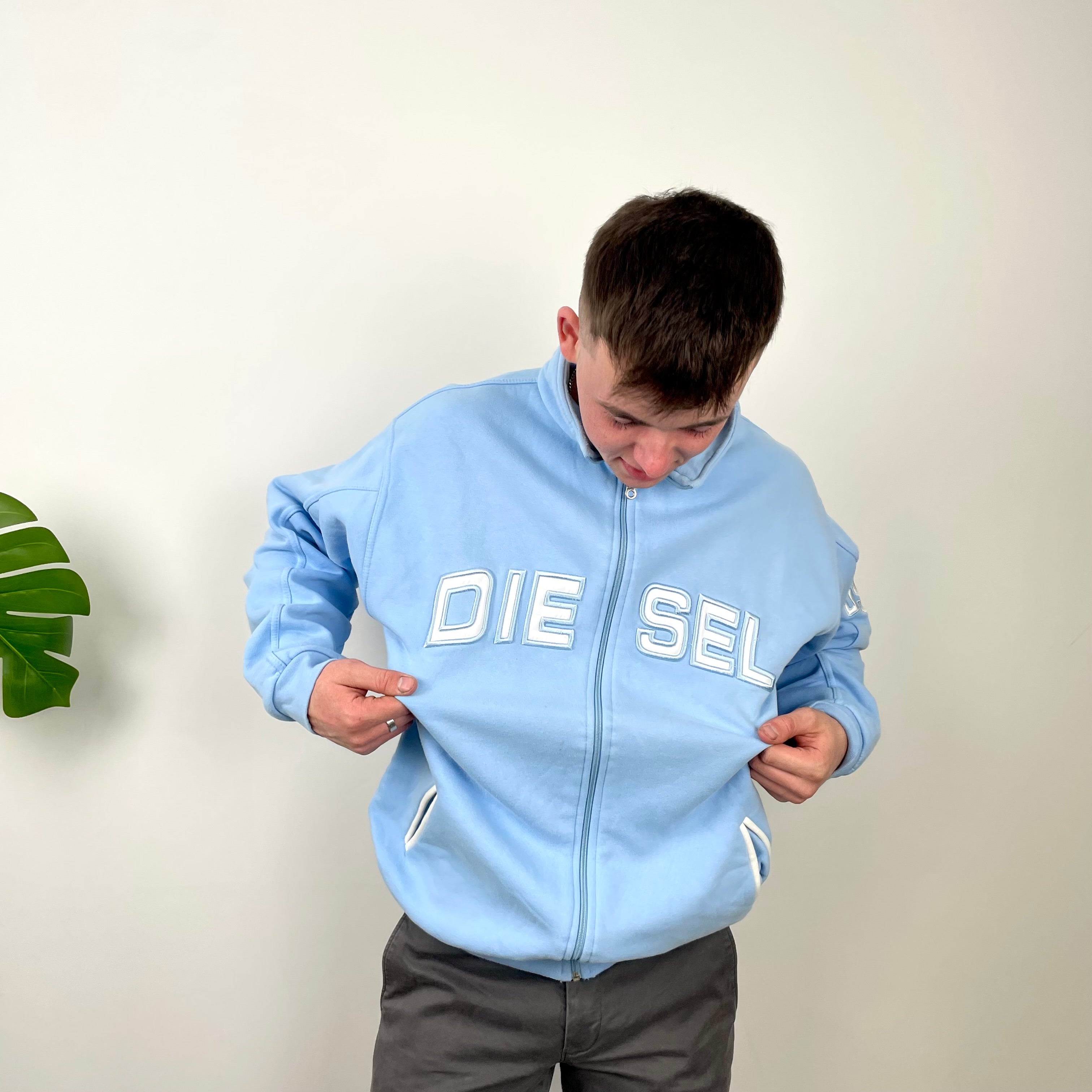 Diesel Baby Blue Embroidered Spell Out Zip Up Hoodie (XL)