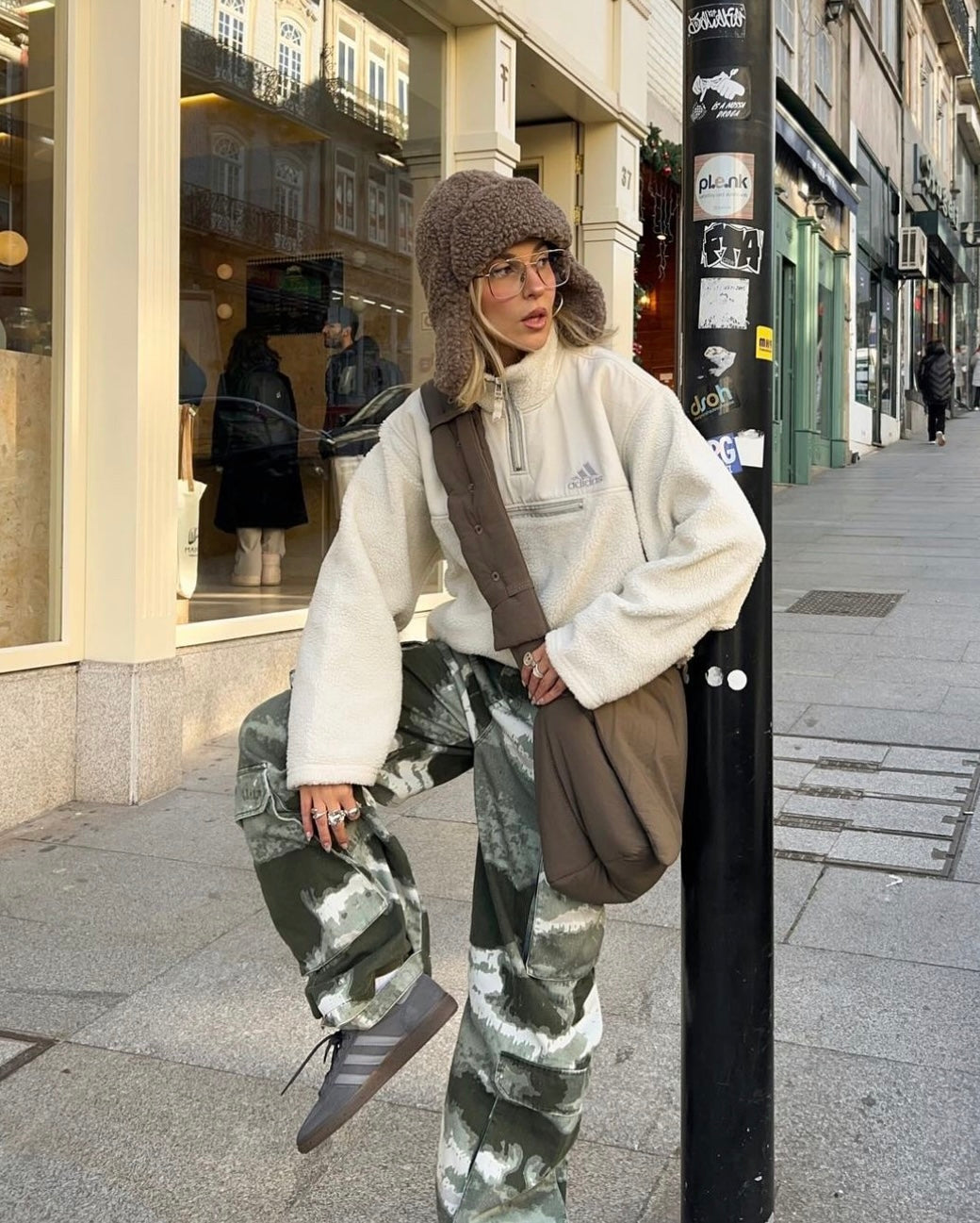 Adidas RARE Cream Sherpa Teddy Bear Fleece Quarter Zip Sweatshirt as worn by Sofia Coelho (L)