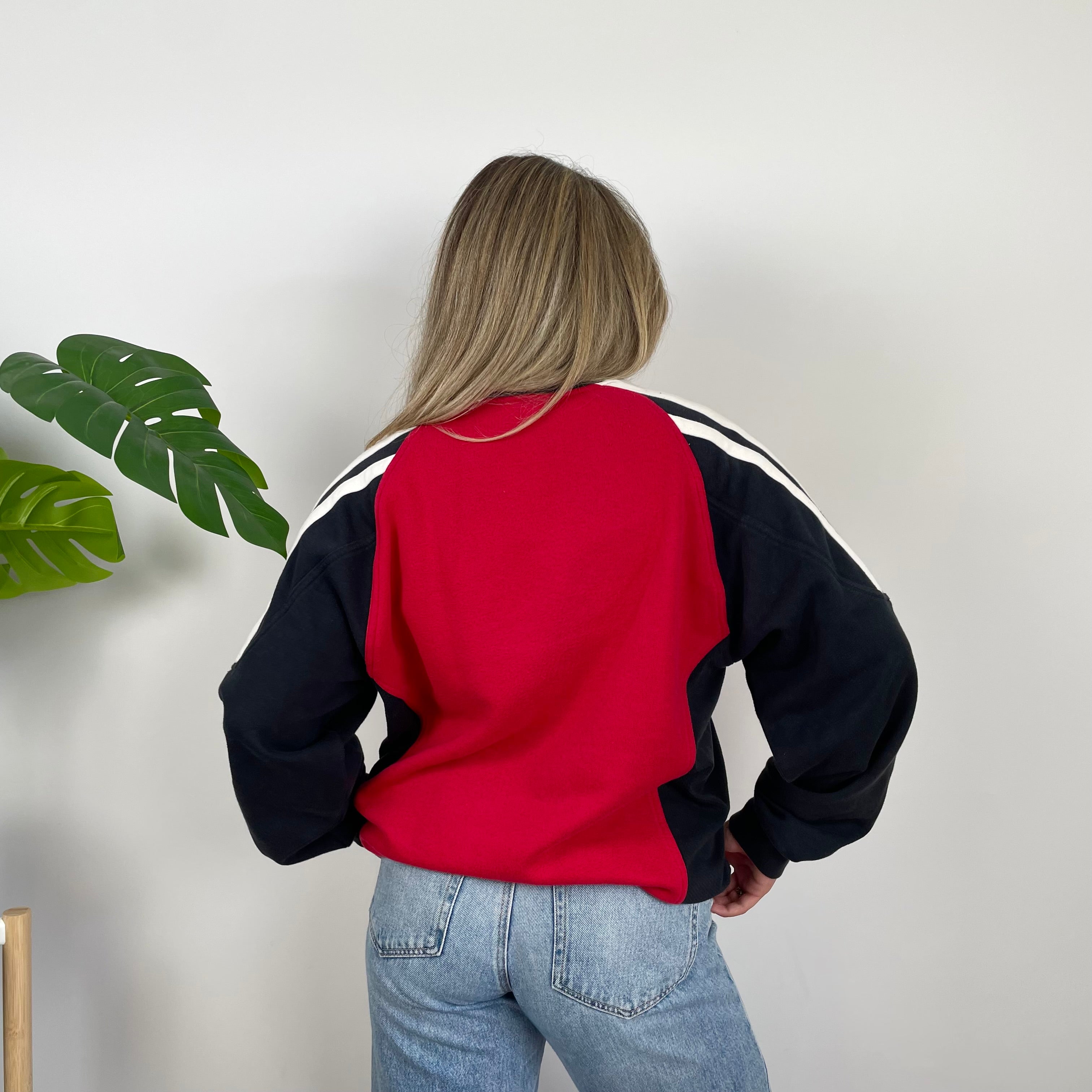Adidas Red & Black Embroidered Spell Out Colour Block Sweatshirt (L)