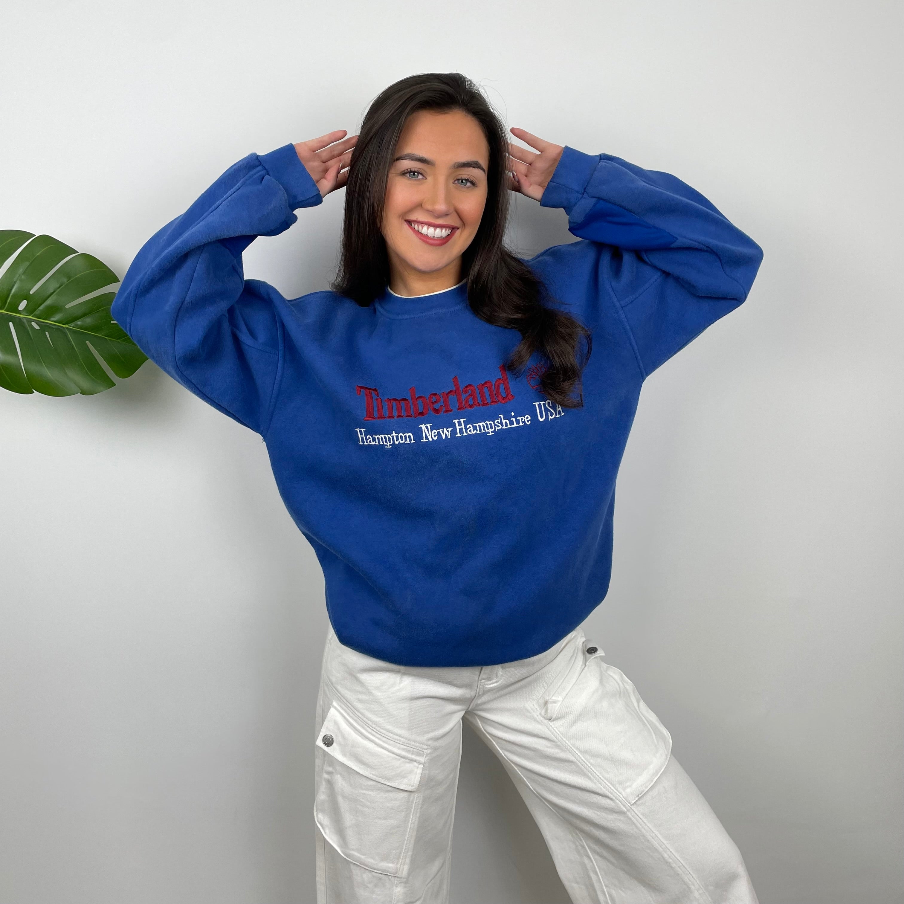 Timberland RARE Blue Embroidered Spell Out Sweatshirt (L)