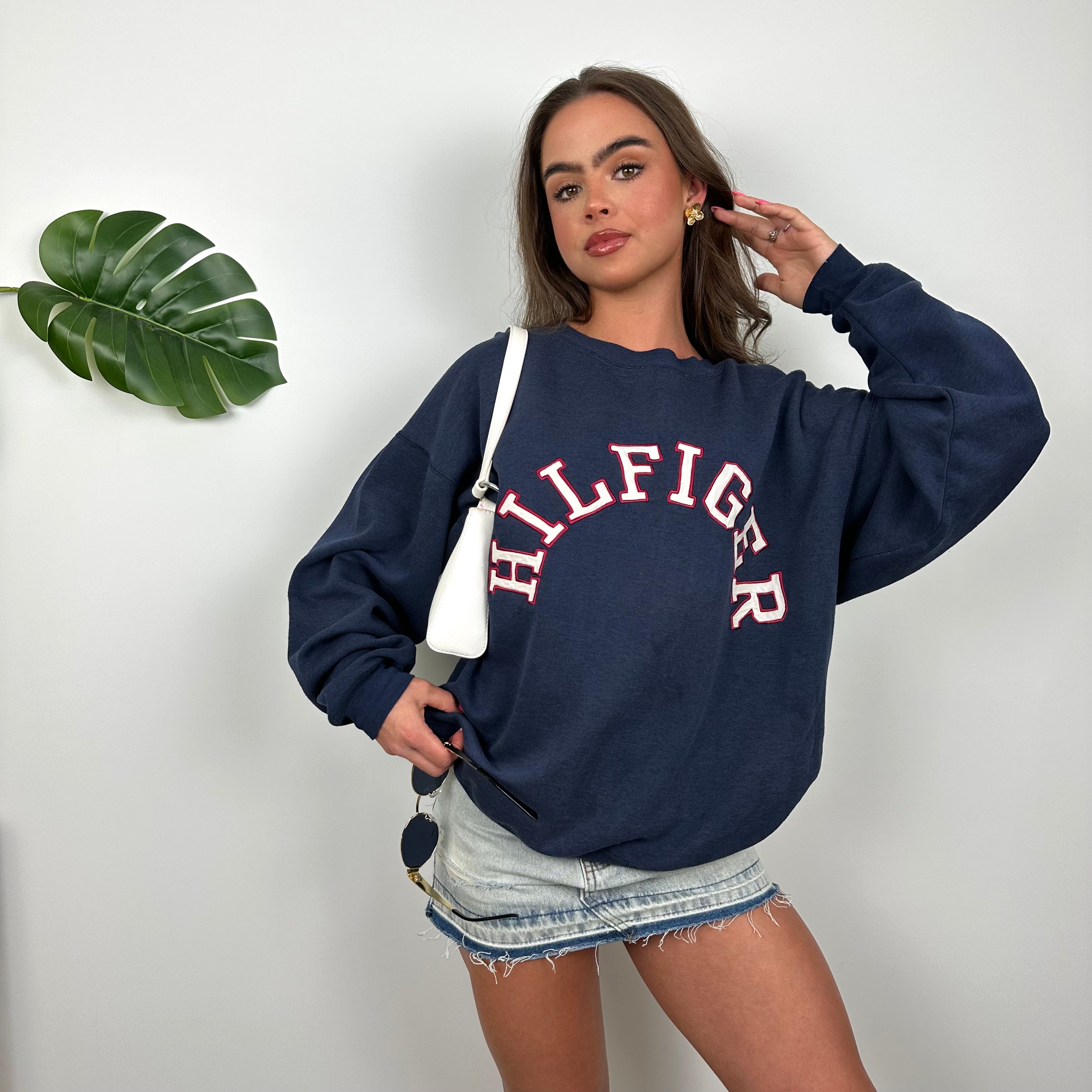 Tommy Hilfiger RARE Navy Embroidered Spell Out Sweatshirt (M)