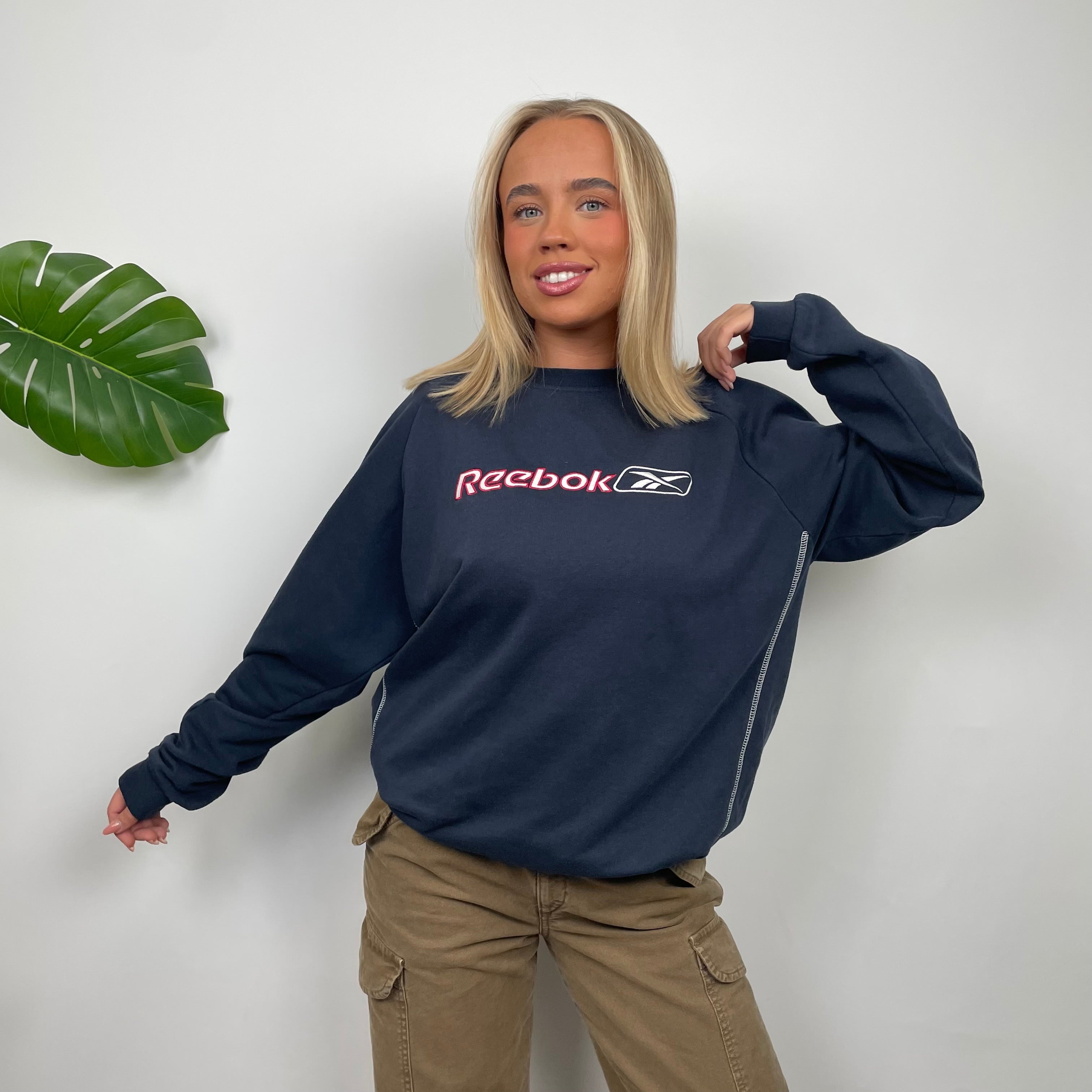 Reebok Navy Embroidered Spell Out Sweatshirt (L)