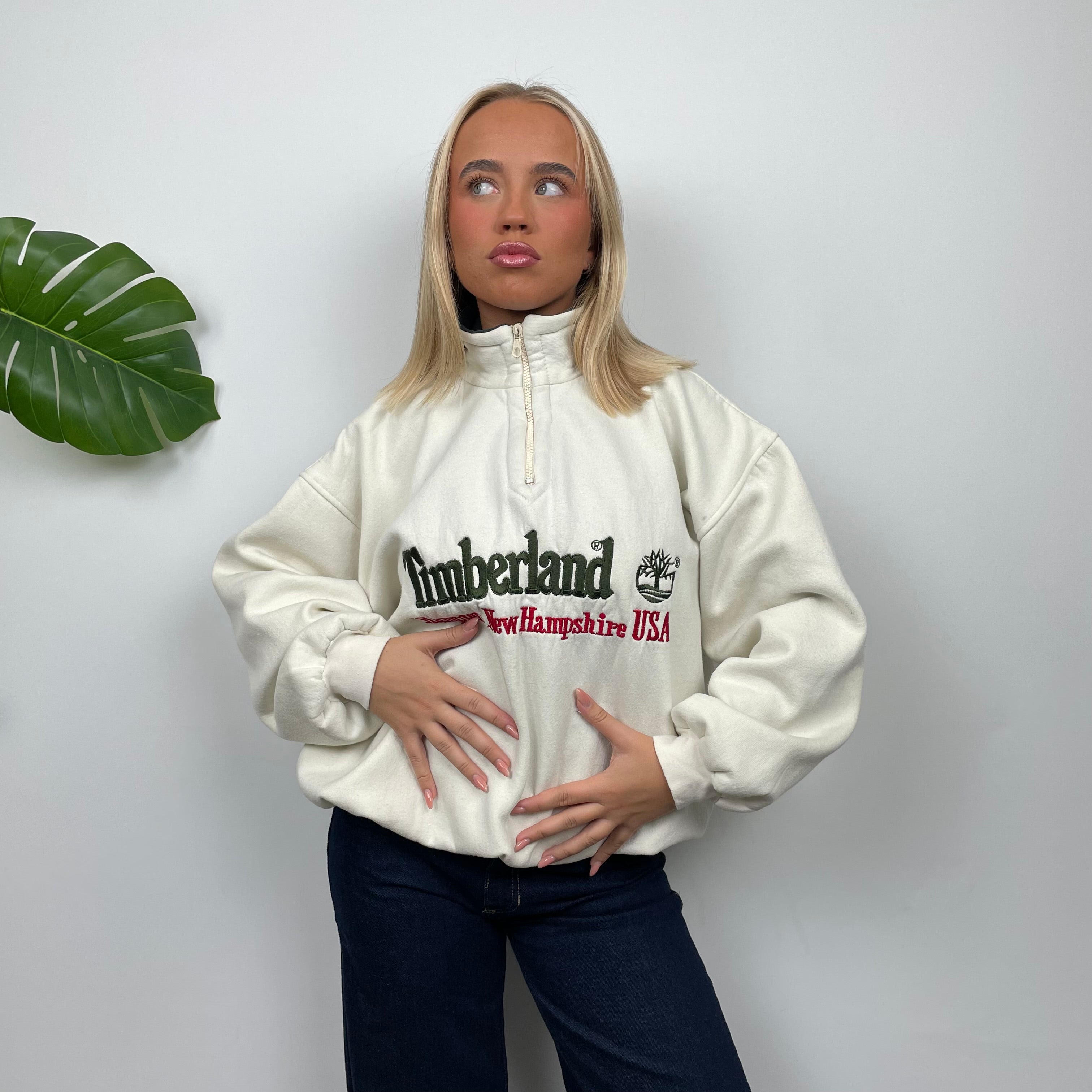 Timberland Cream Embroidered Spell Out Quarter Zip Sweatshirt (M)