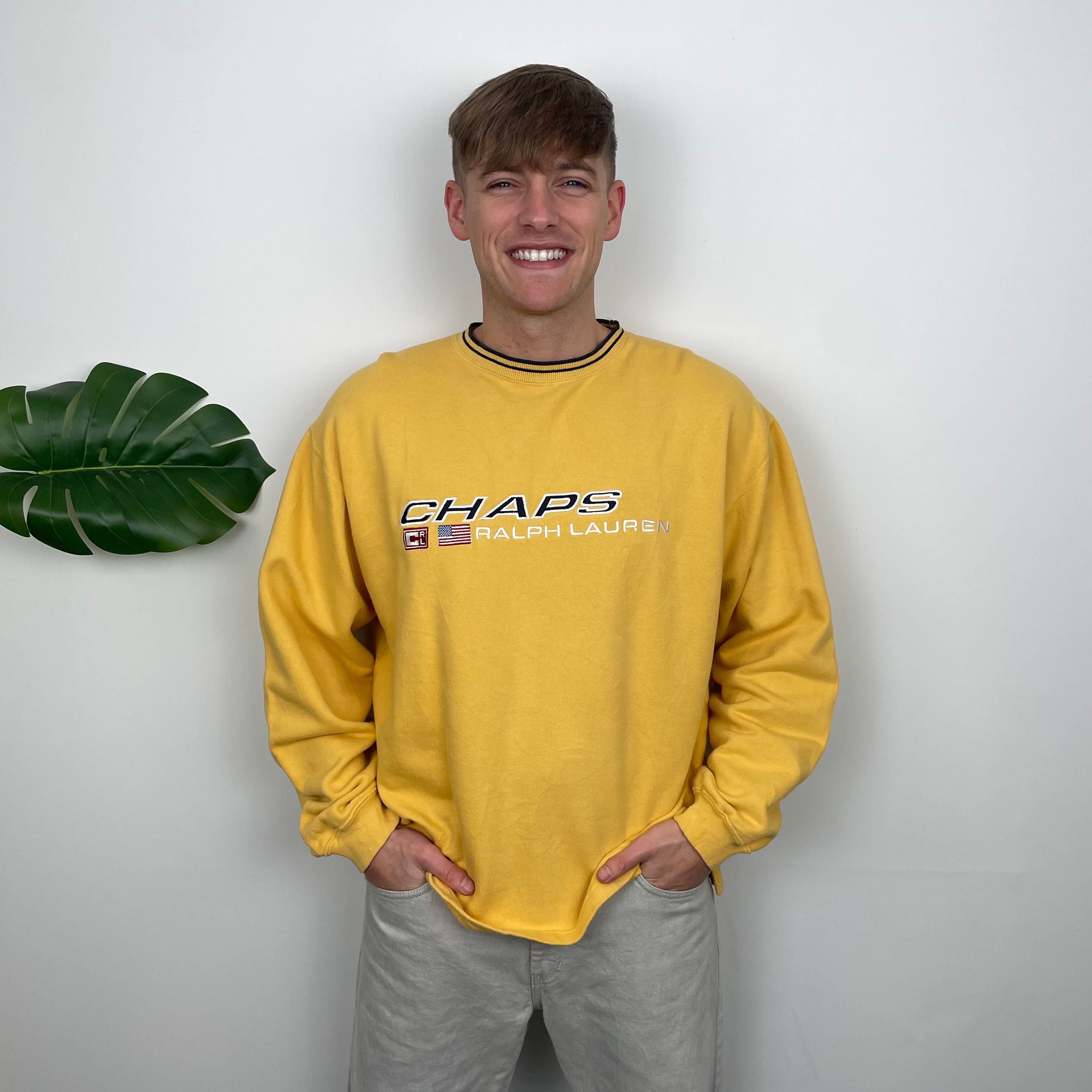 Chaps Ralph Lauren RARE Yellow Embroidered Spell Out Sweatshirt (L)