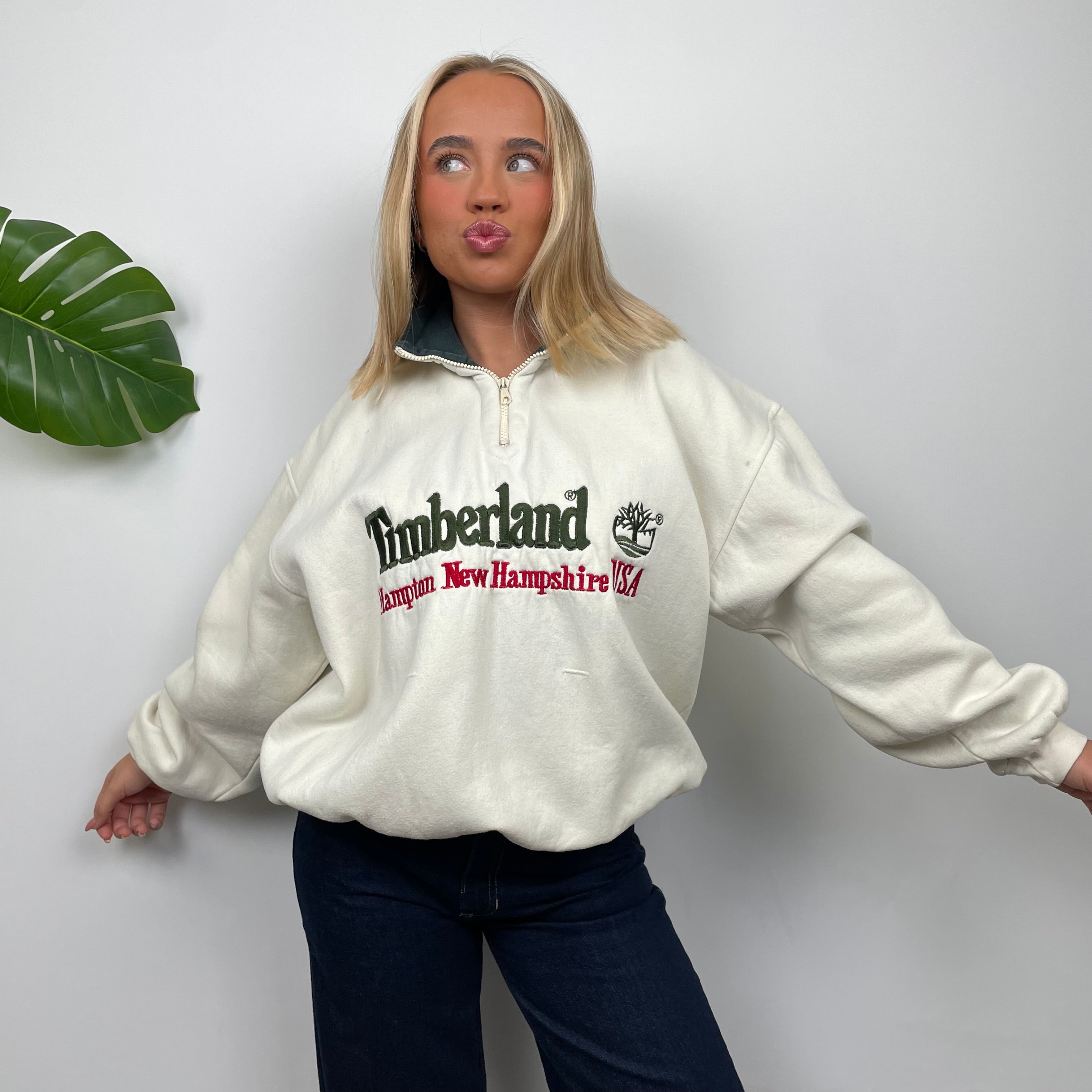 Timberland Cream Embroidered Spell Out Quarter Zip Sweatshirt (M)