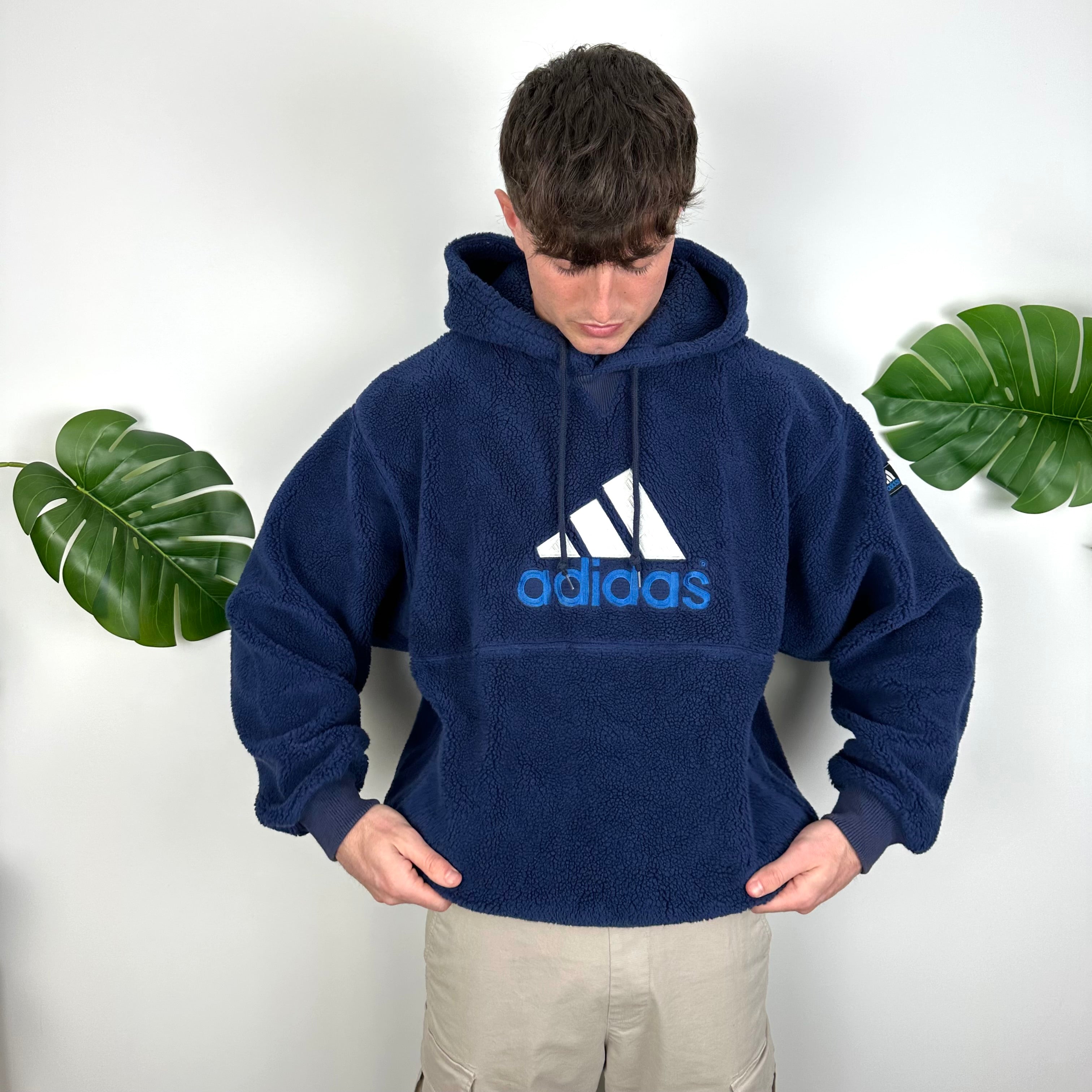 Adidas RARE Navy Embroidered Spell Out Teddy Bear Sherpa Fleece Hoodie (L)