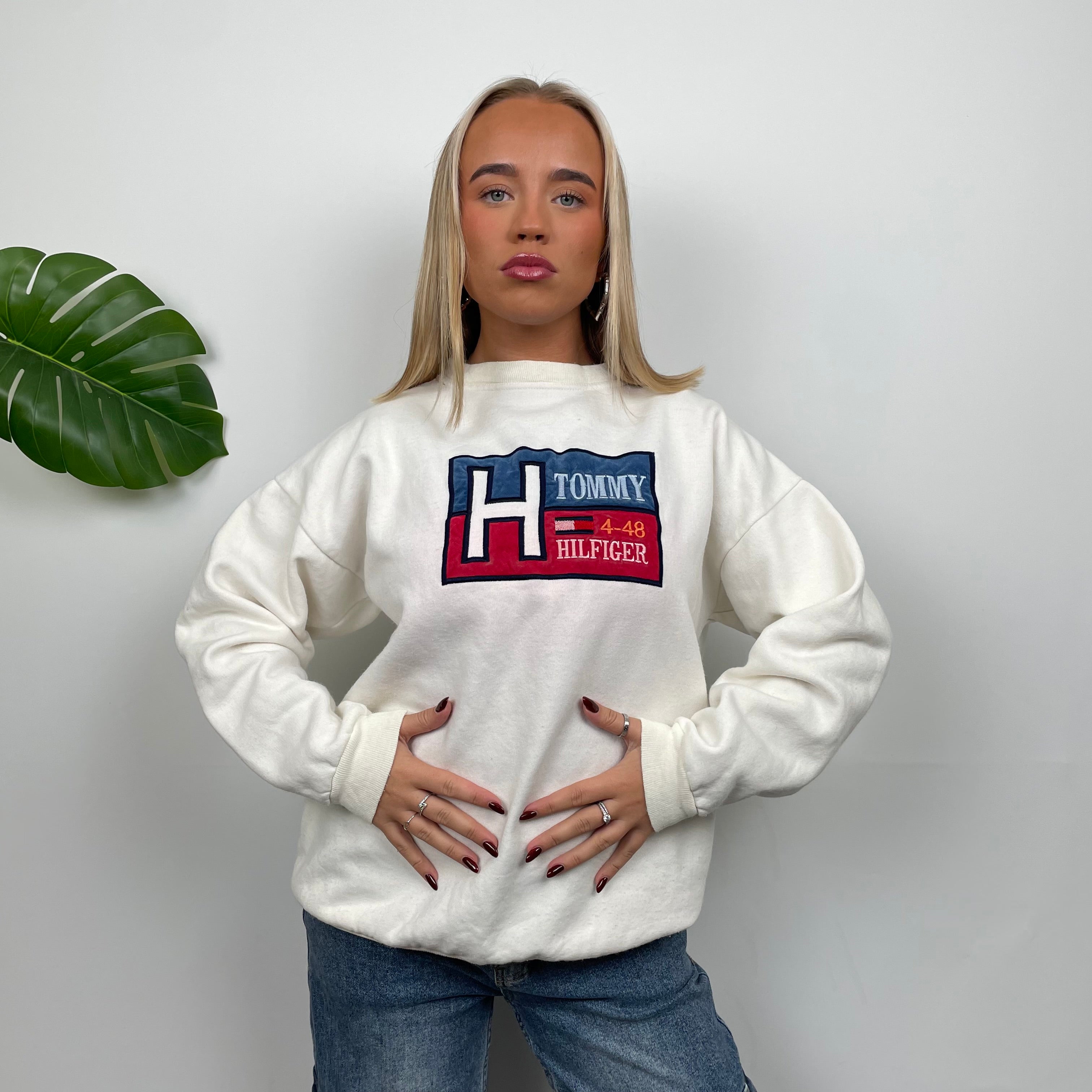 Tommy Hilfiger RARE Cream Embroidered Spell Out Sweatshirt