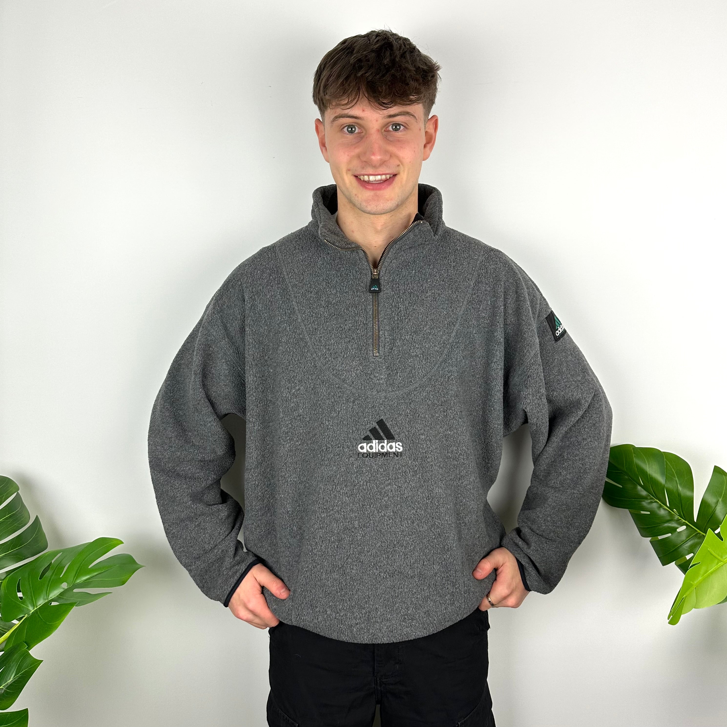 Adidas Equipment RARE Grey Embroidered Spell Out Teddy Bear Fleece Quarter Zip Sweatshirt (XL)