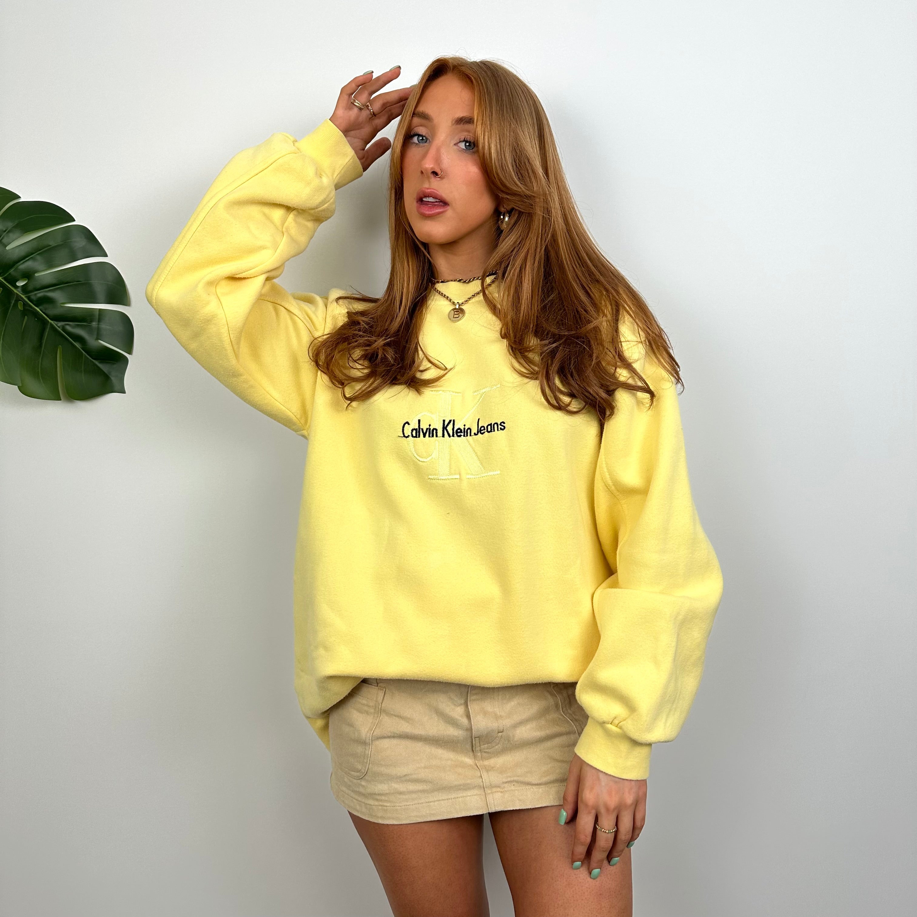 Calvin Klein RARE Yellow Embroidered Spell Out Sweatshirt (M)