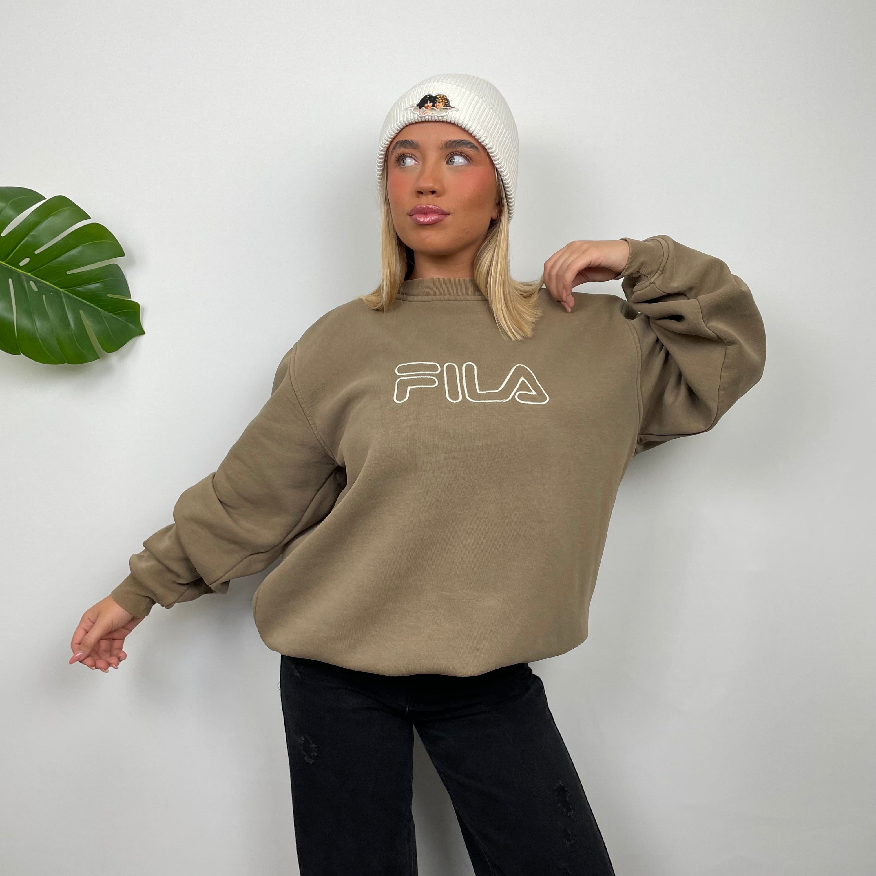 FILA Tan Brown Embroidered Spell Out Sweatshirt (L)