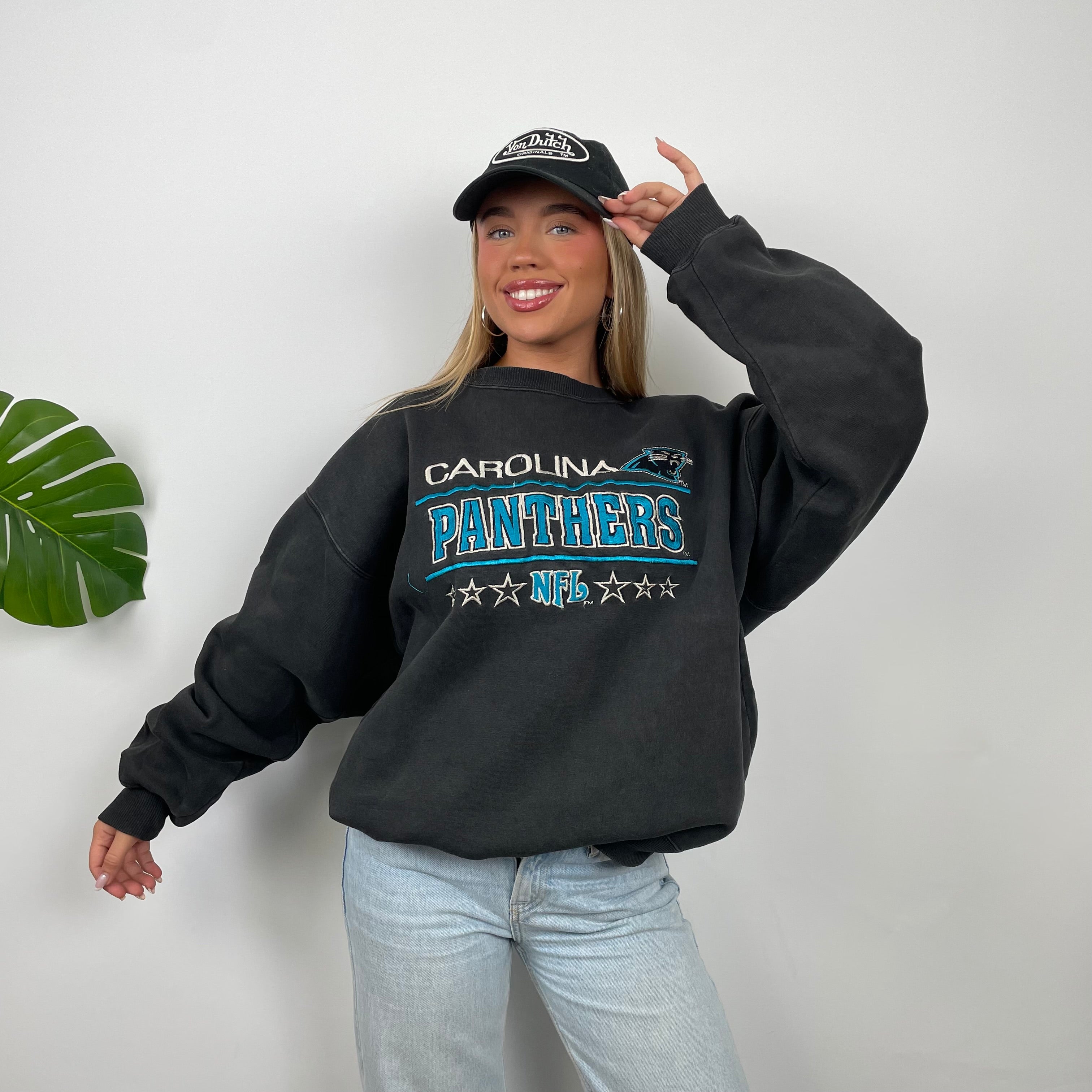 NFL Carolina Panthers Black Embroidered Spell Out Sweatshirt (L)