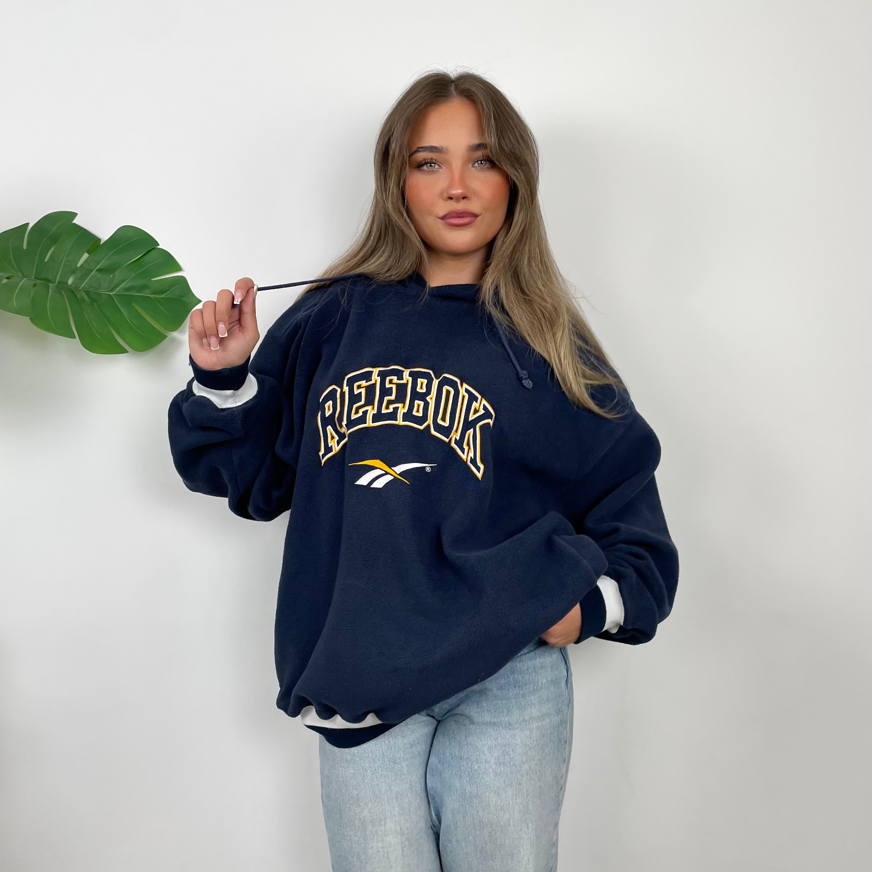 Reebok RARE Navy Embroidered Spell Out Teddy Bear Sherpa Fleece Hoodie (L)