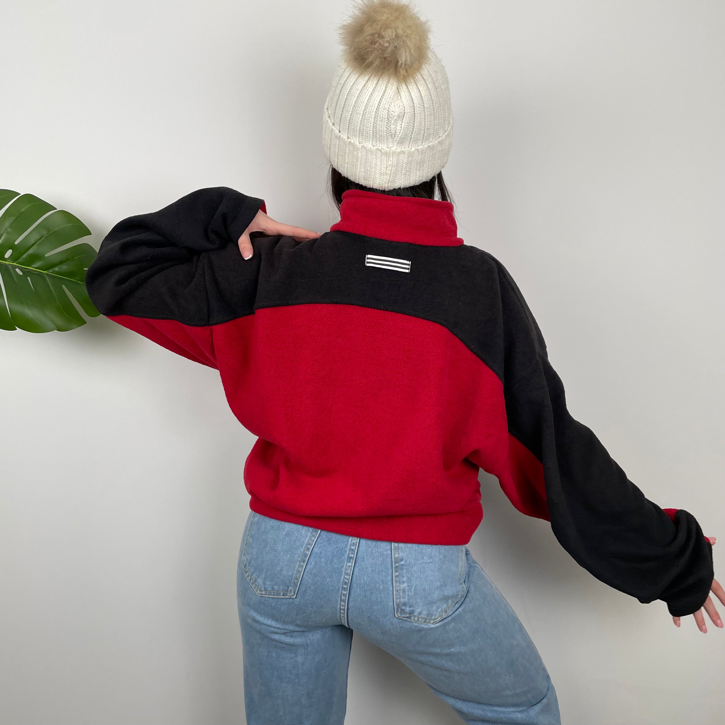 Adidas Red Colour Block Embroidered Spell Out Teddy Bear Fleece Quarter Zip Sweatshirt (L)