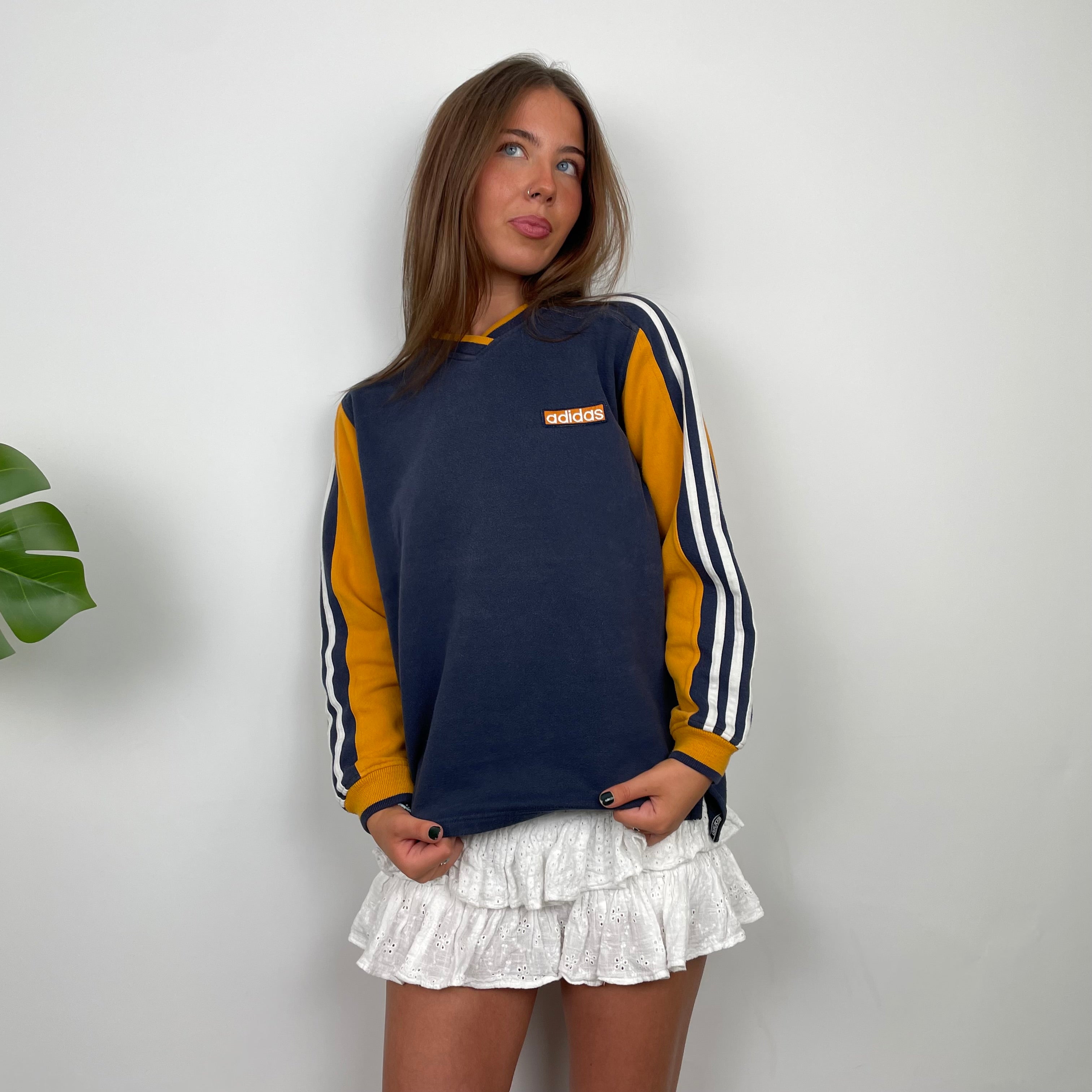 Adidas RARE Navy and Yellow Embroidered Spell Out Sweatshirt (S)