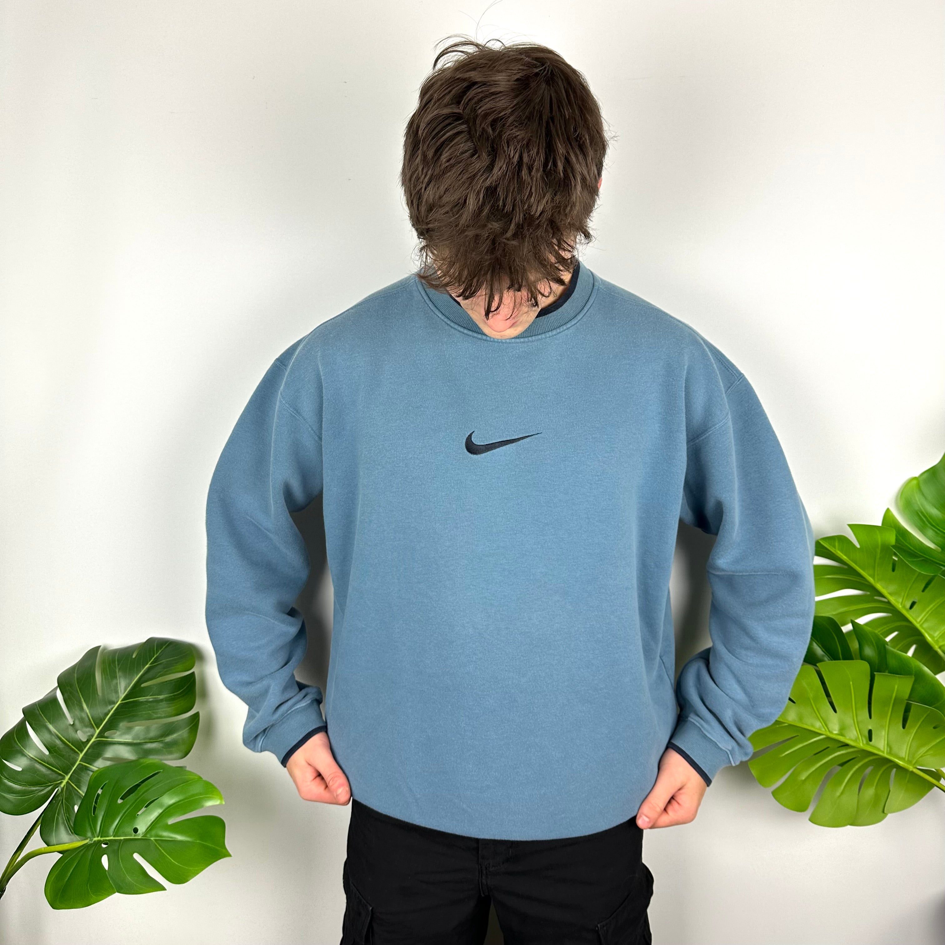 Nike RARE Dusty Blue Embroidered Swoosh Sweatshirt (XXL)