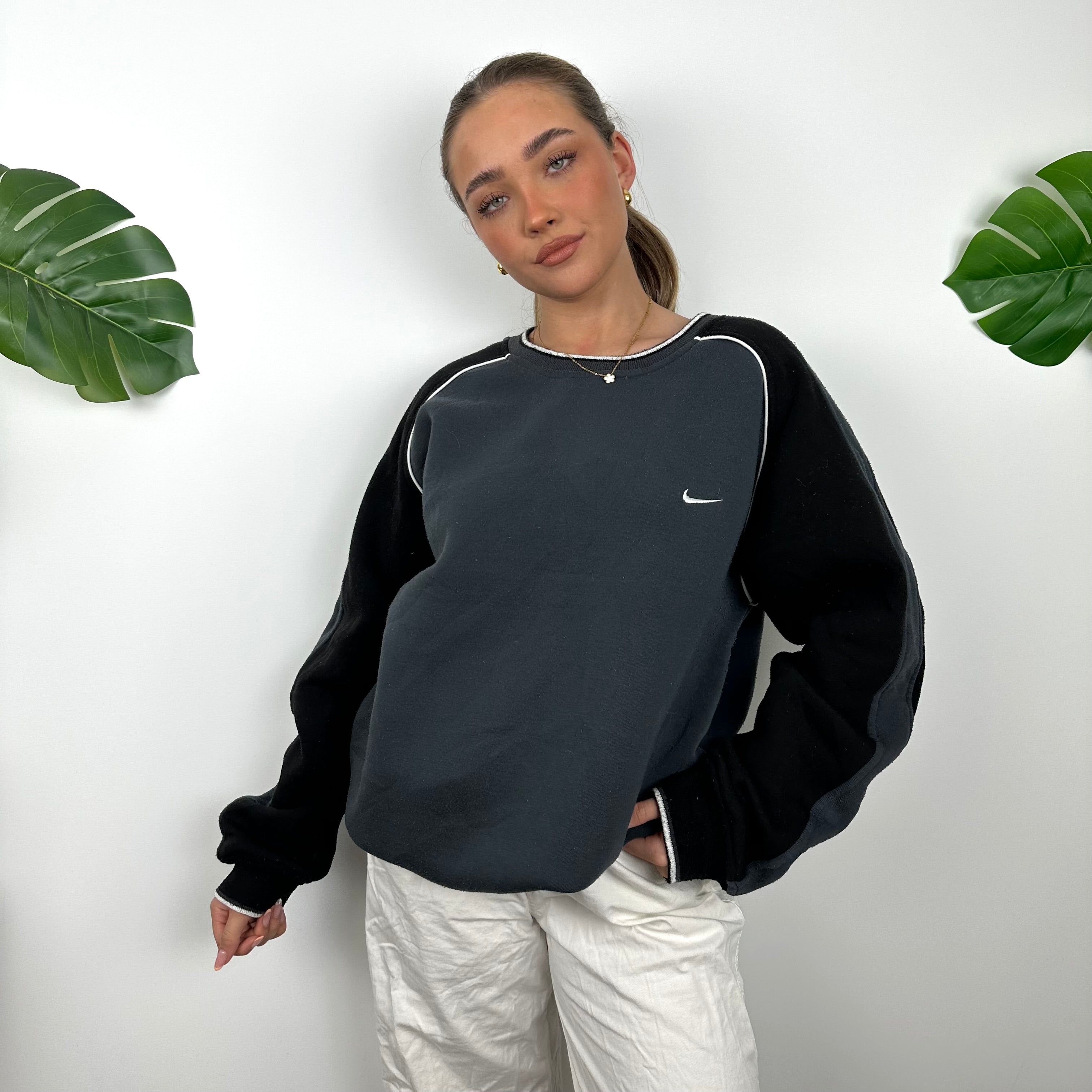 Nike Grey & Black Embroidered Swoosh Sweatshirt (XXL)