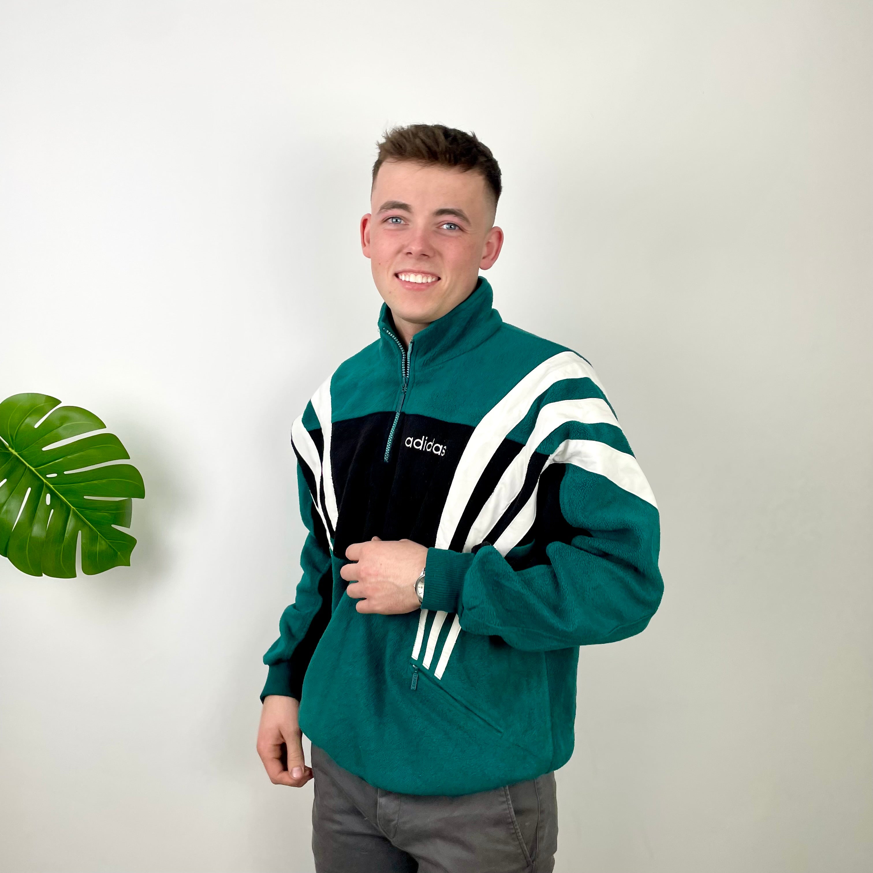Adidas Green Embroidered Spell Out Fleece Quarter Zip Sweatshirt (L)