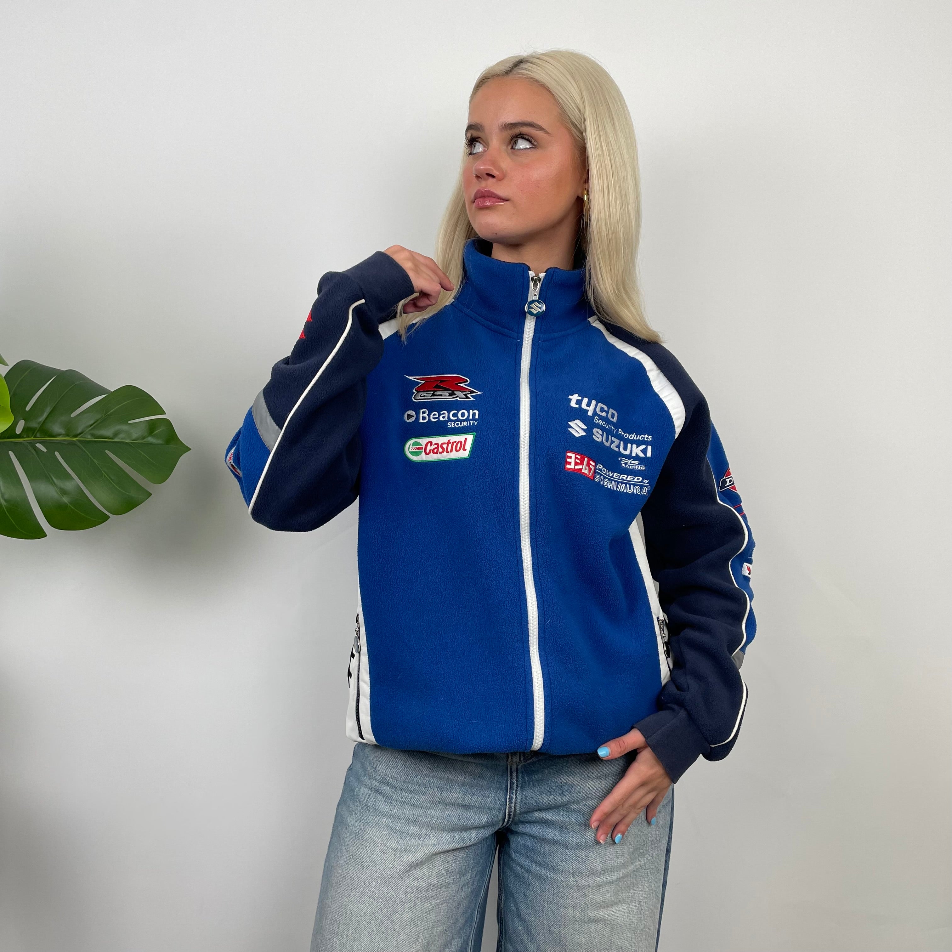 Suzuki Racing Blue Embroidered Spell Out Zip Up Jacket (M)