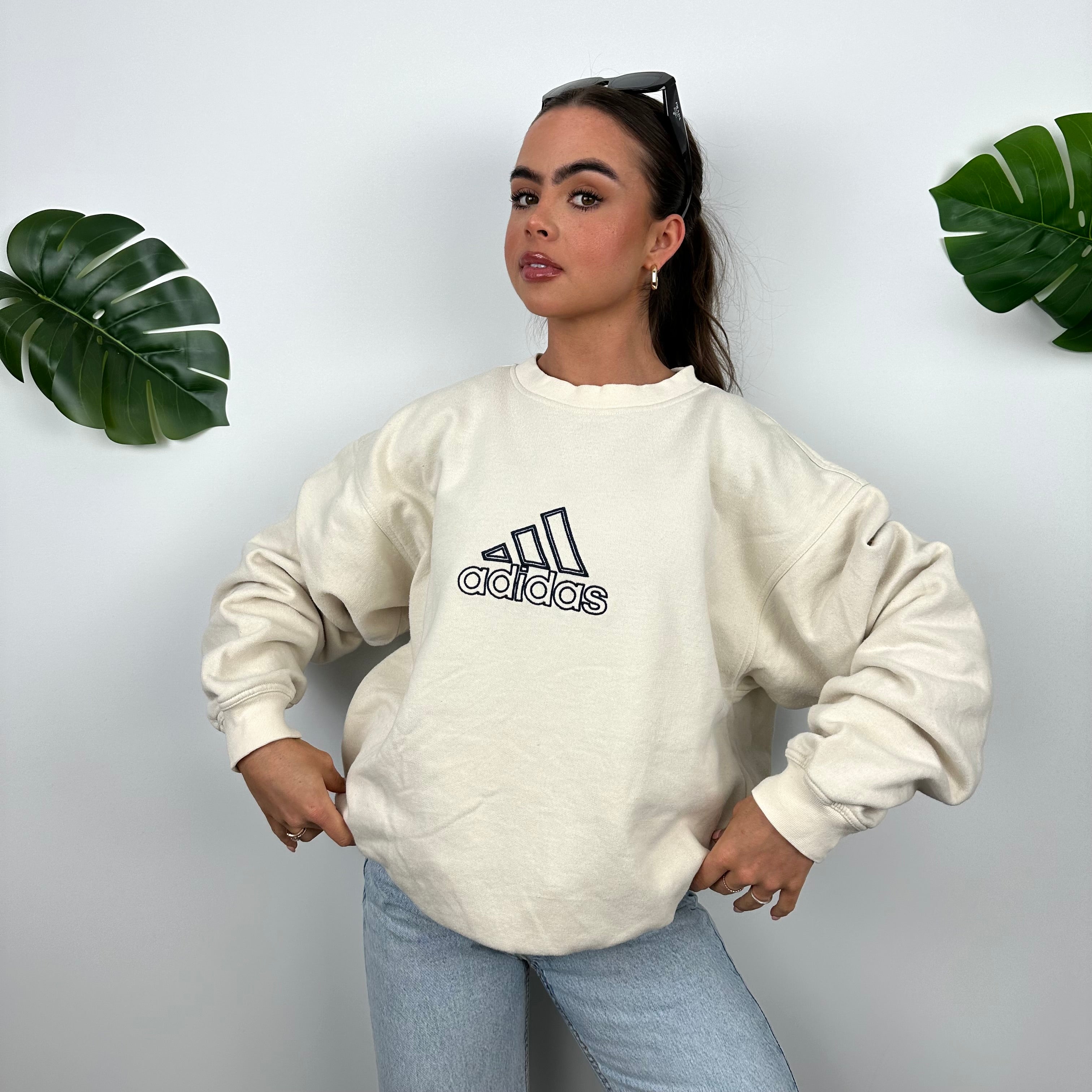 Adidas Cream Embroidered Spell Out Sweatshirt (XL)