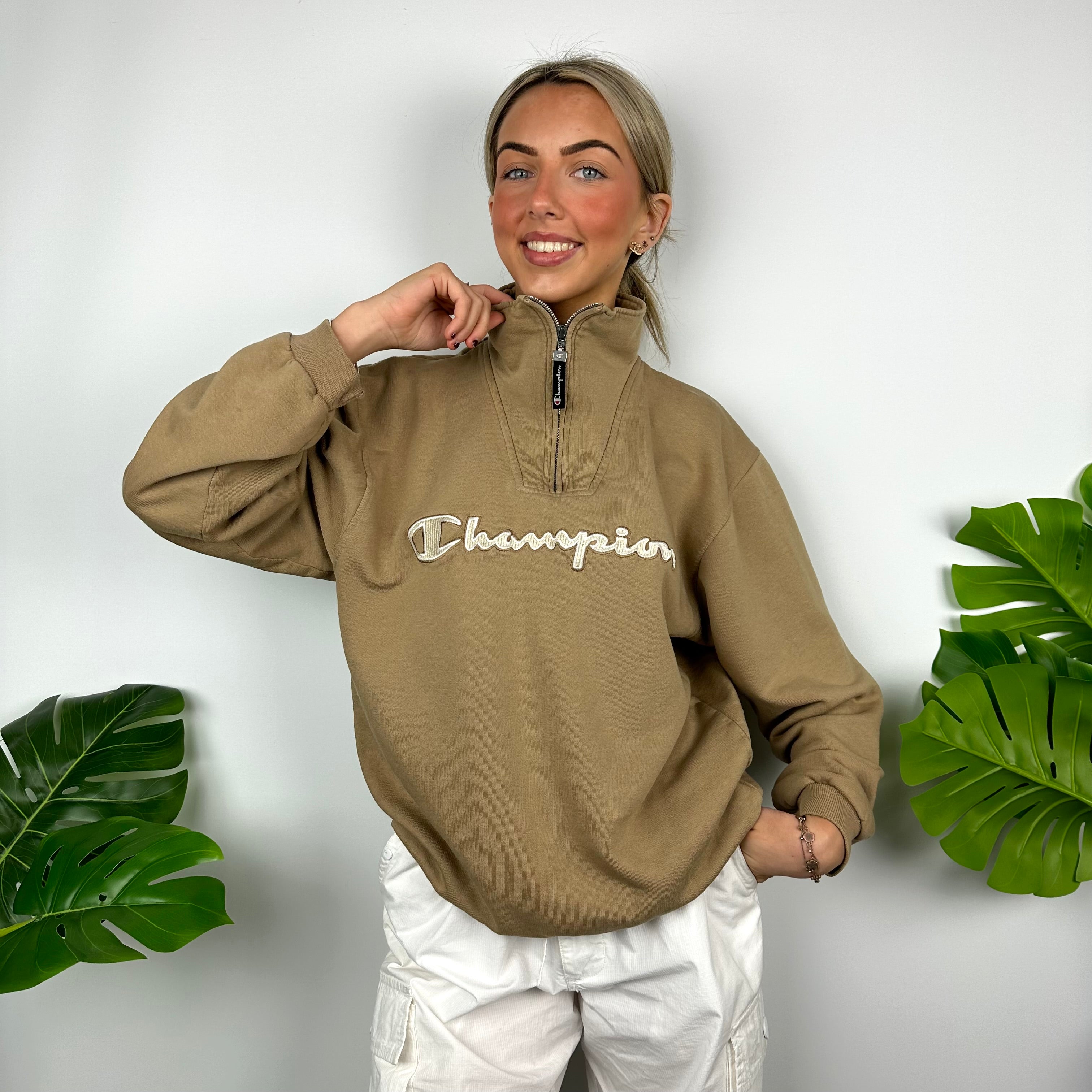 Champion Tan Embroidered Spell Out Quarter Zip Sweatshirt (M)