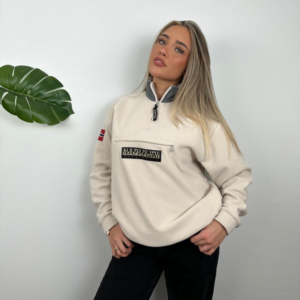Napapijri Cream Embroidered Spell Out Teddy Bear Fleece Quarter Zip (M)