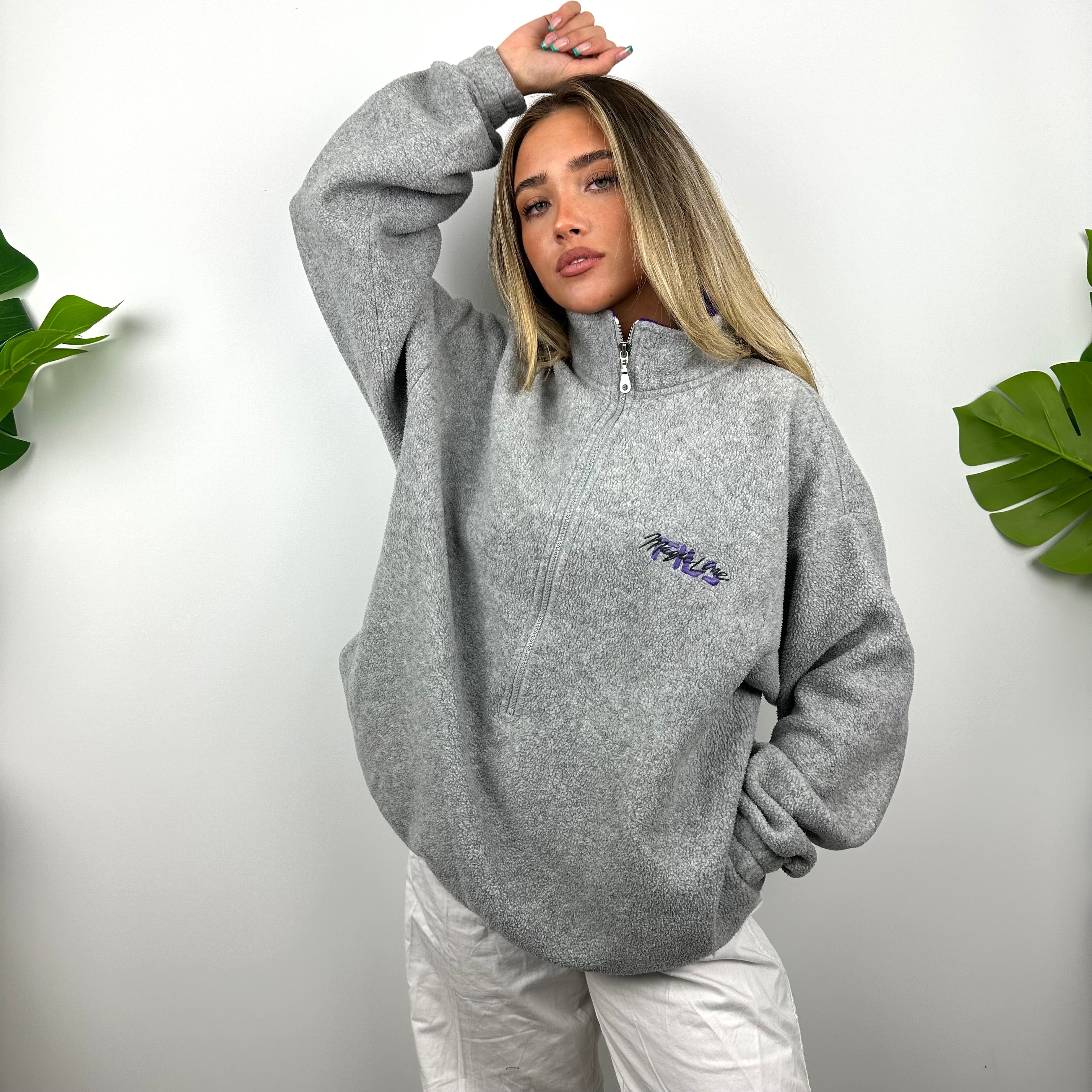 FILA Grey Embroidered Spell Out Teddy Bear Fleece Quarter Zip Sweatshirt (L)