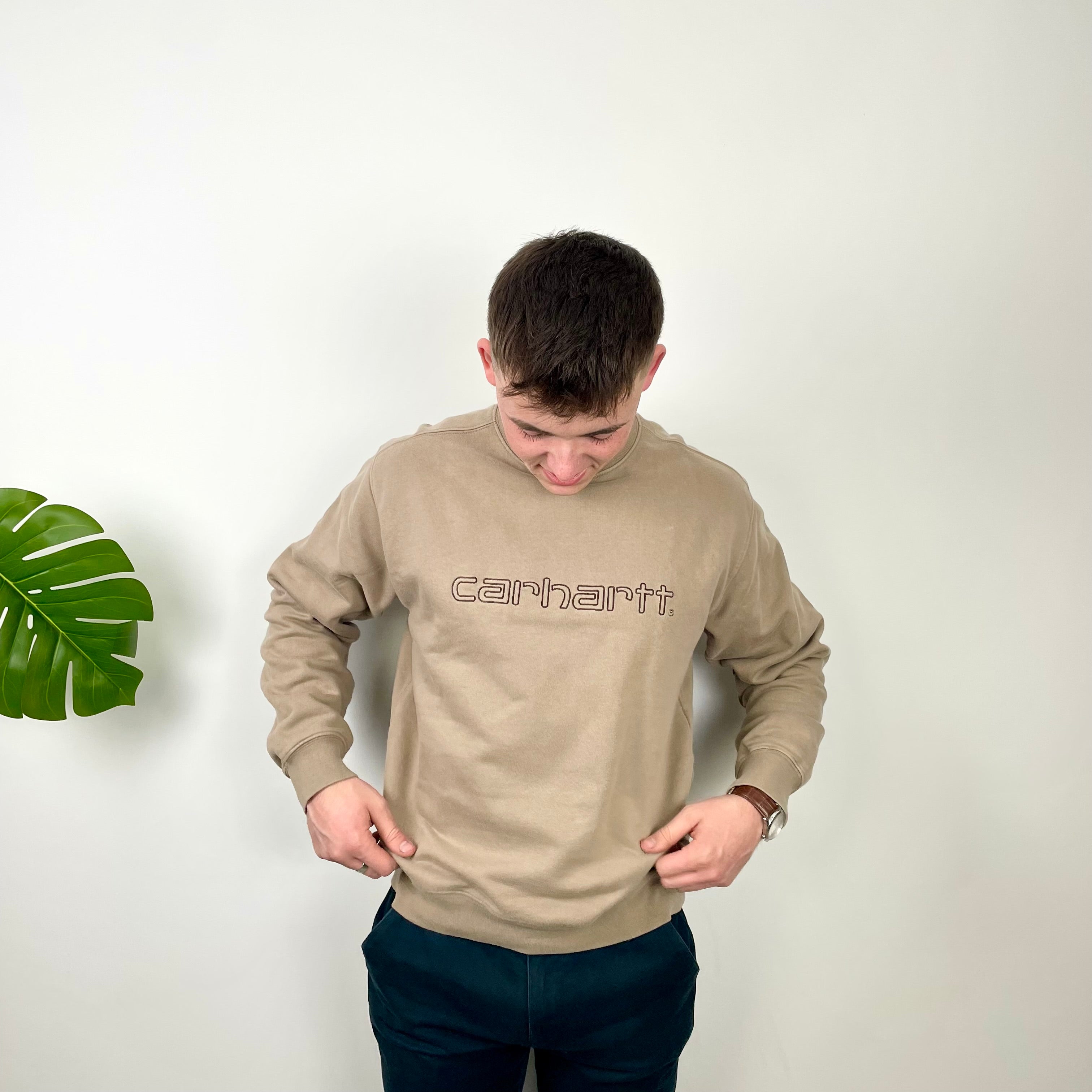Carhartt RARE Tan Brown Embroidered Spell Out Sweatshirt (L)