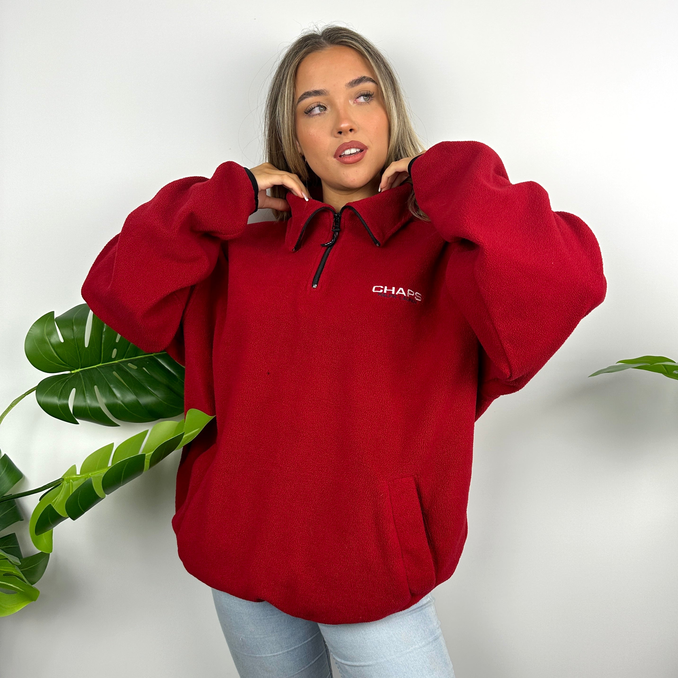 Chaps Ralph Lauren Red Embroidered Spell Out Teddy Bear Fleece Quarter Zip Sweatshirt (XL)
