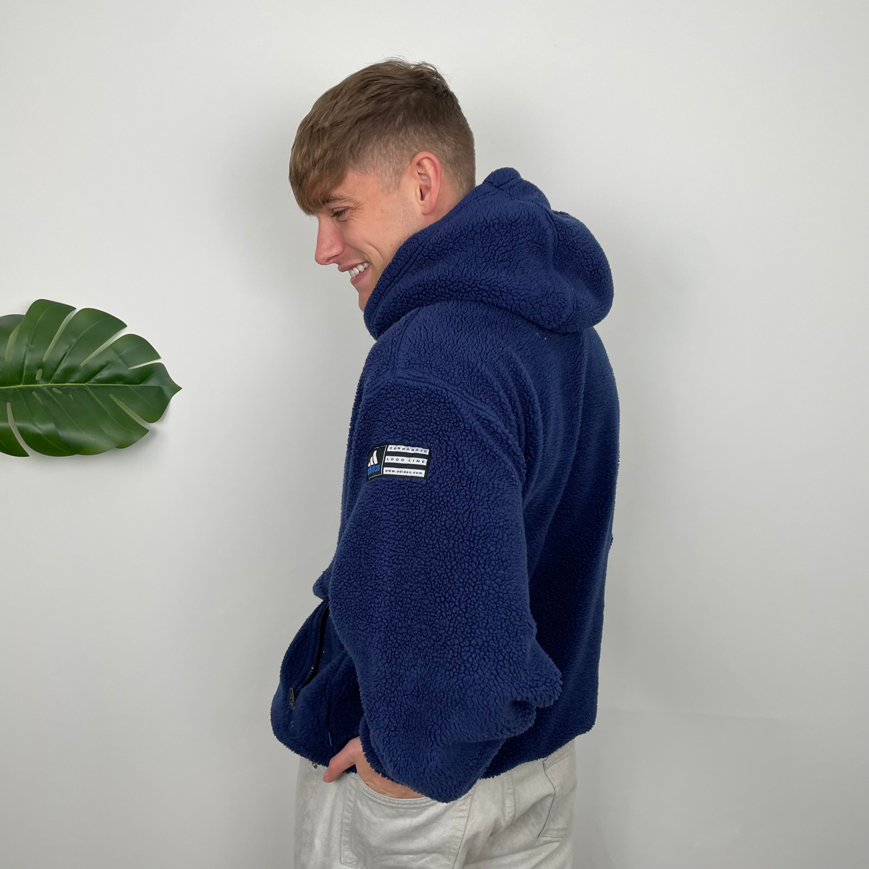 Adidas RARE Navy Embroidered Spell Out Teddy Bear Sherpa Fleece Hoodie (L)