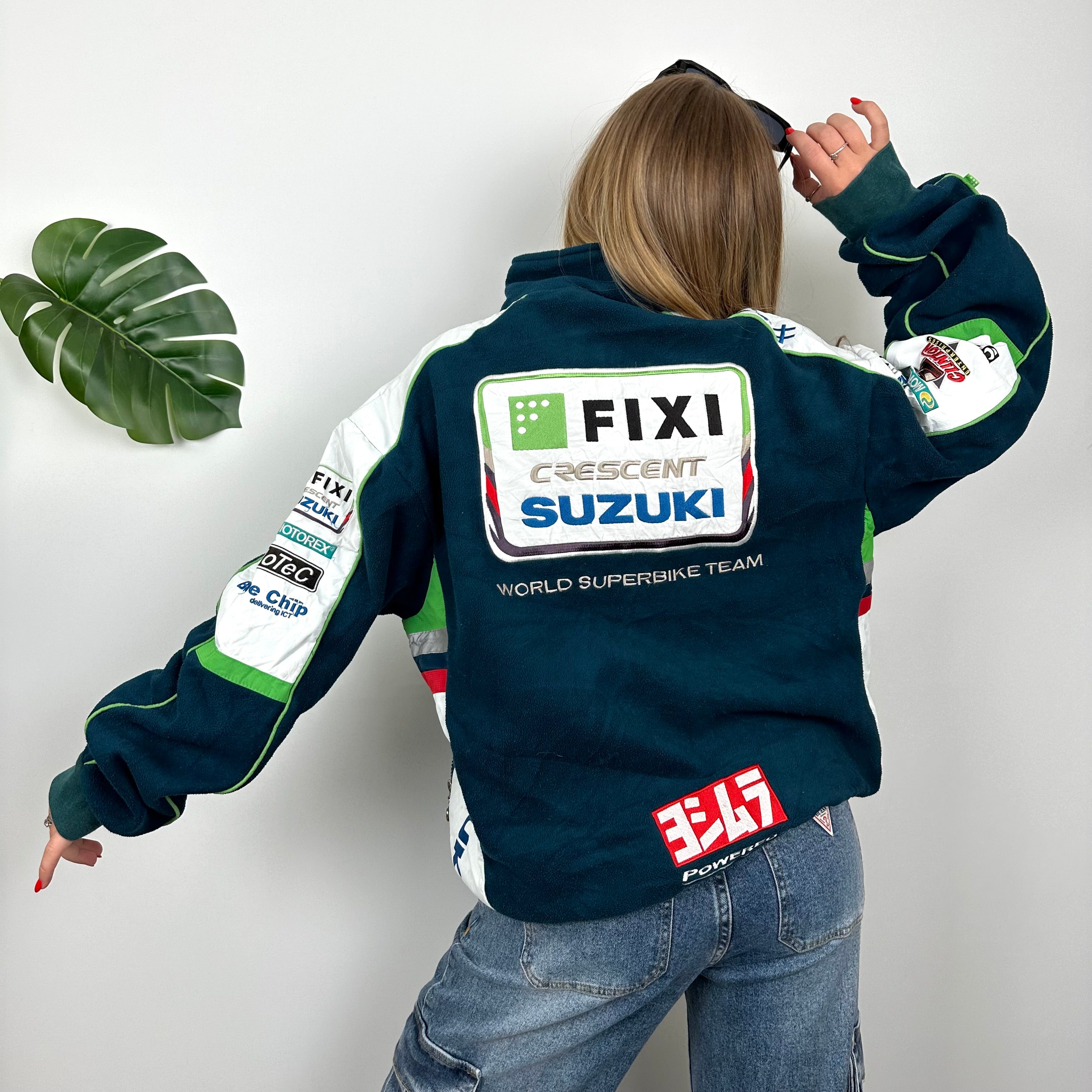 Suzuki Racing RARE Turquoise Embroidered Spell Out Zip Up Hoodie Jacket (L)