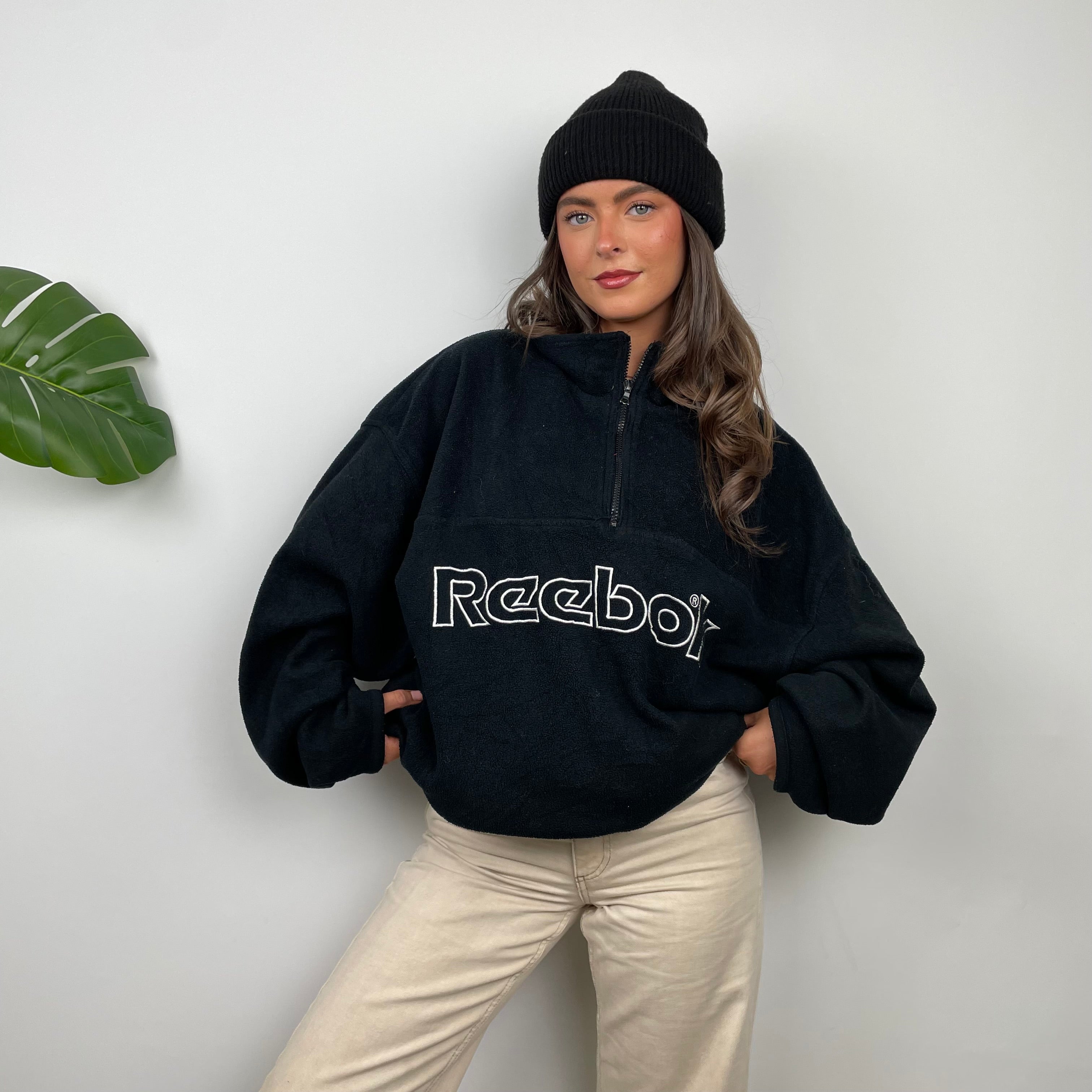 Reebok RARE Black Embroidered Spell Out Teddy Bear Fleece Quarter Zip Sweatshirt (XXL)