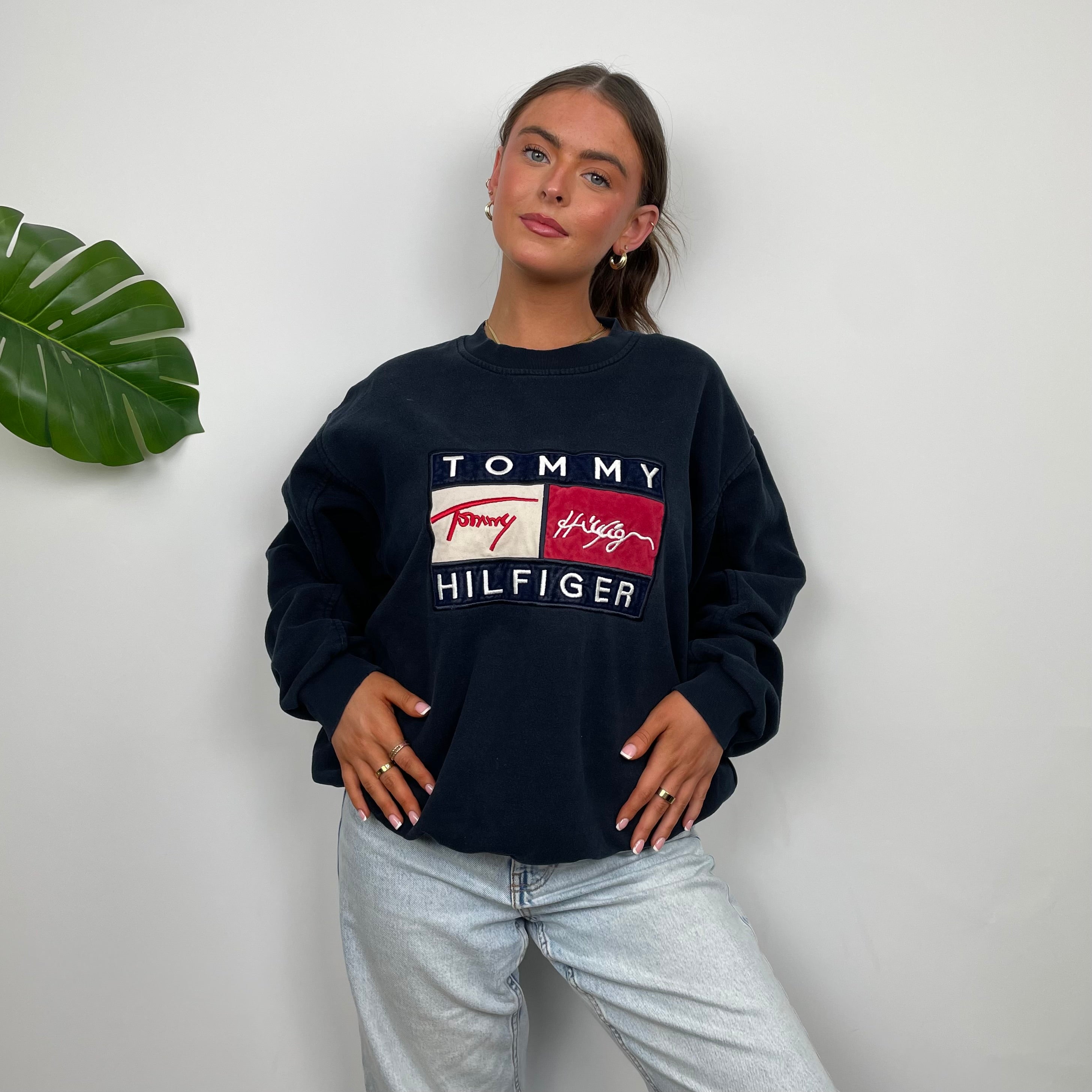 Tommy Hilfiger RARE Navy Embroidered Spell Out Sweatshirt (L)