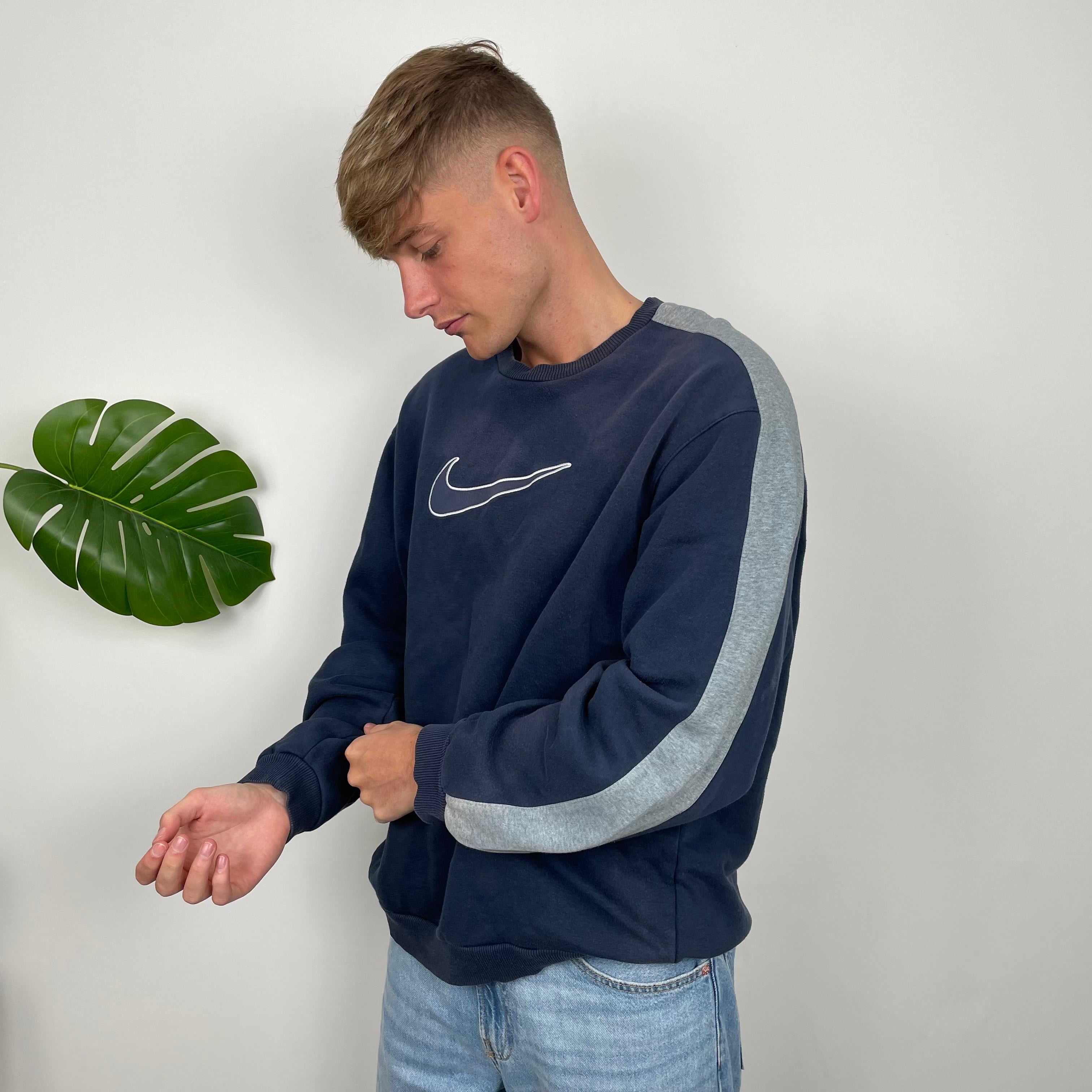 Nike RARE Navy Embroidered Swoosh Sweatshirt (L)