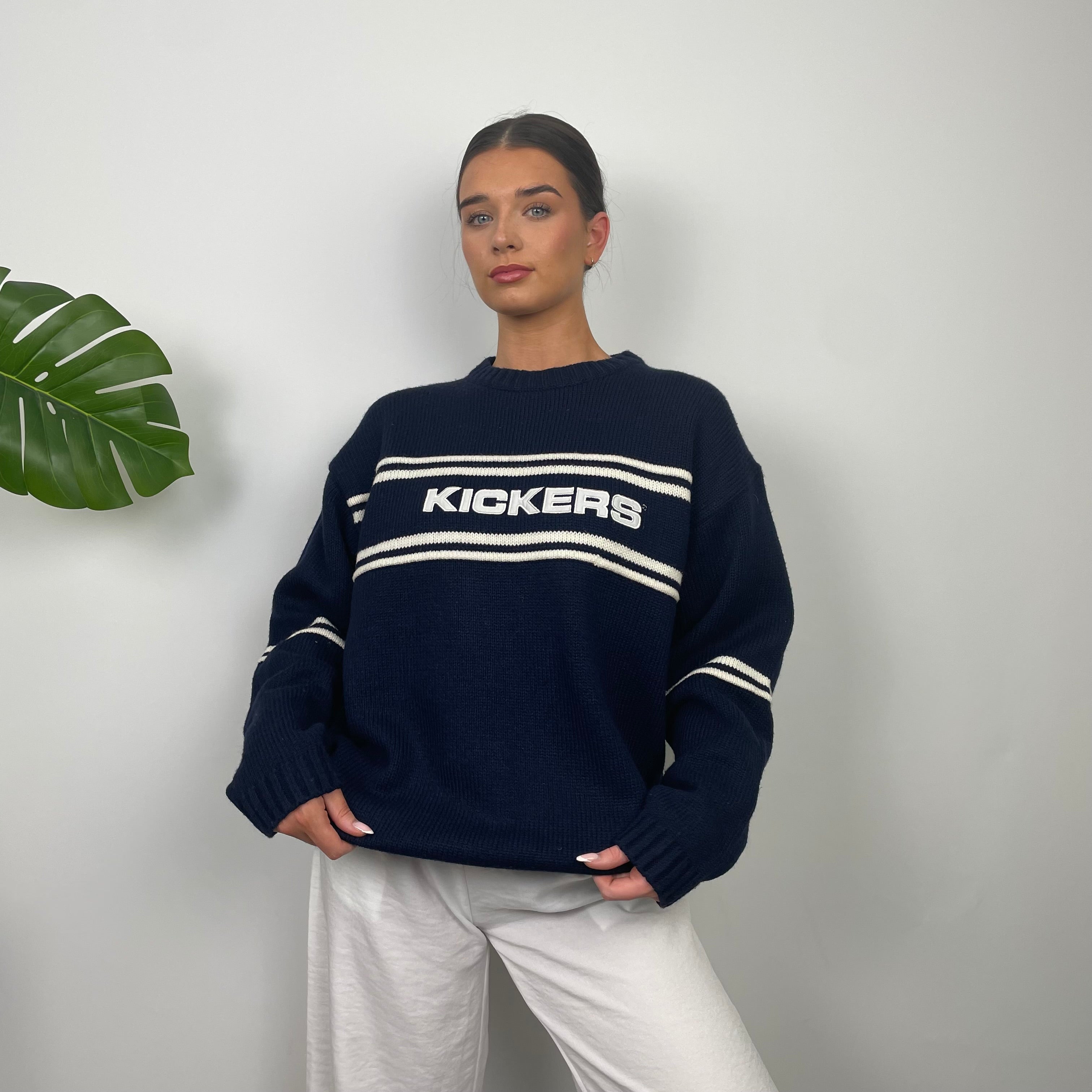 Kickers RARE Navy & Cream Embroidered Spell Out Knitted Sweater (L)