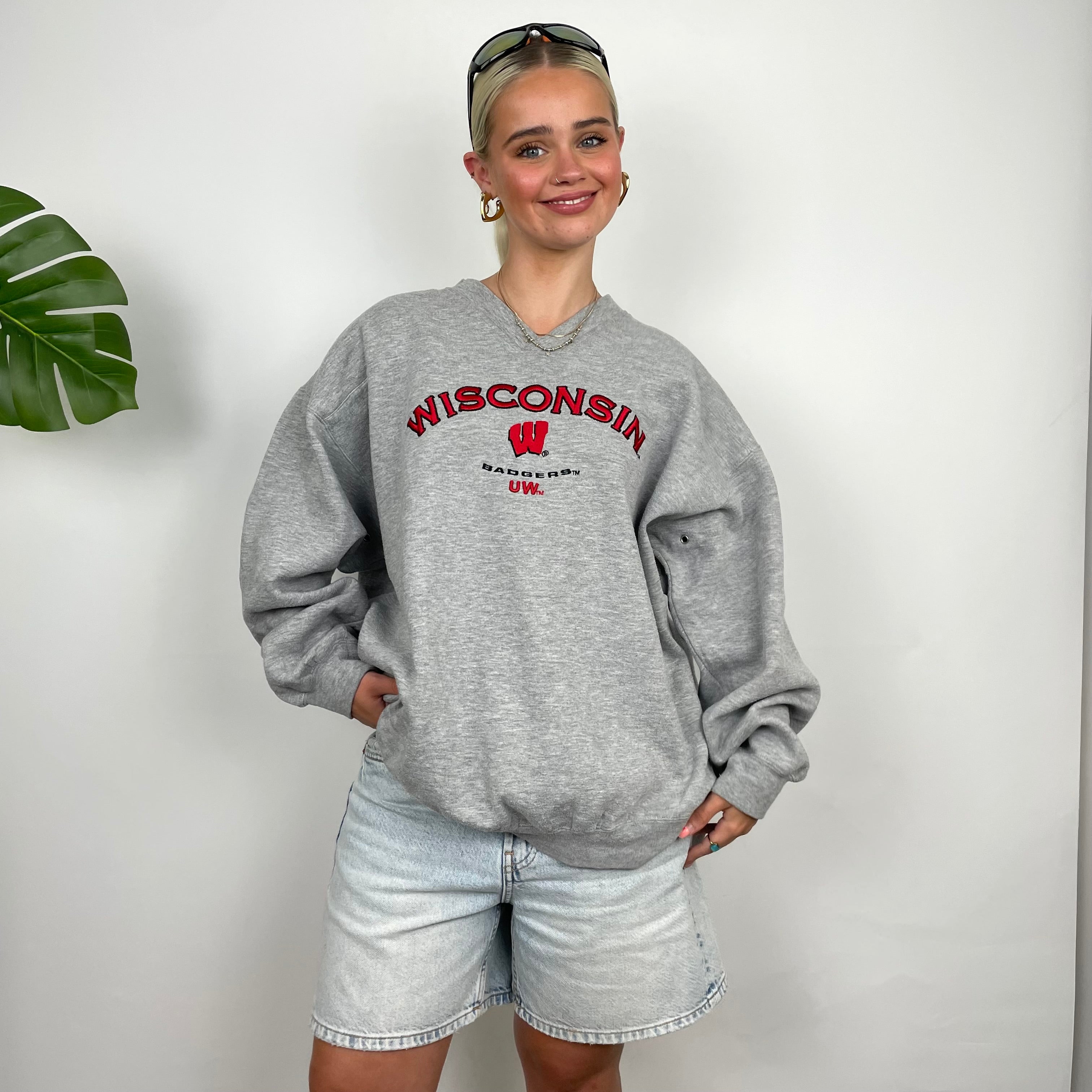 Wisconsin Badgers USA College Grey Embroidered Spell Out Sweatshirt (M)