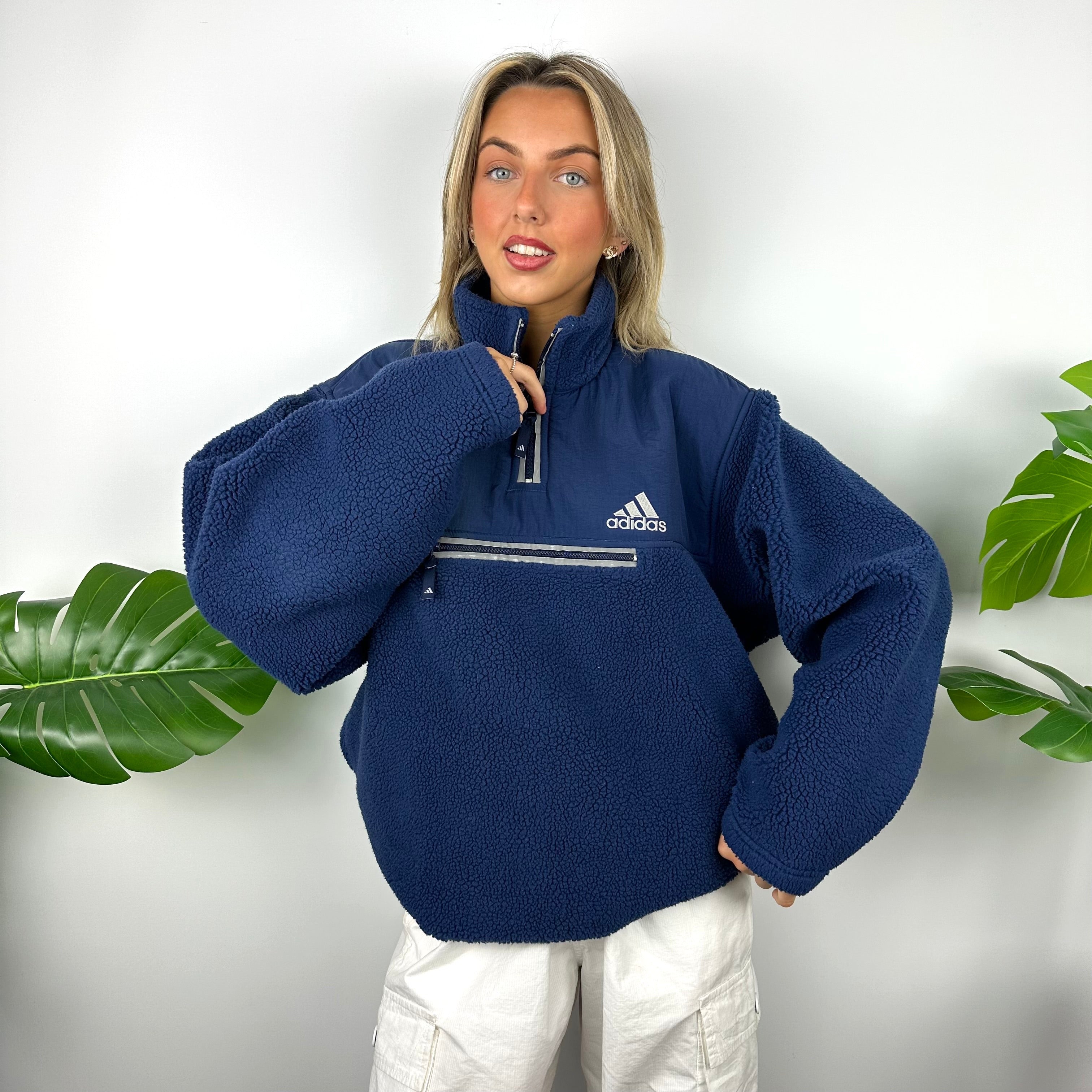 Adidas Navy Embroidered Spell Out Teddy Bear Sherpa Fleece Quarter Zip Sweatshirt (XL)