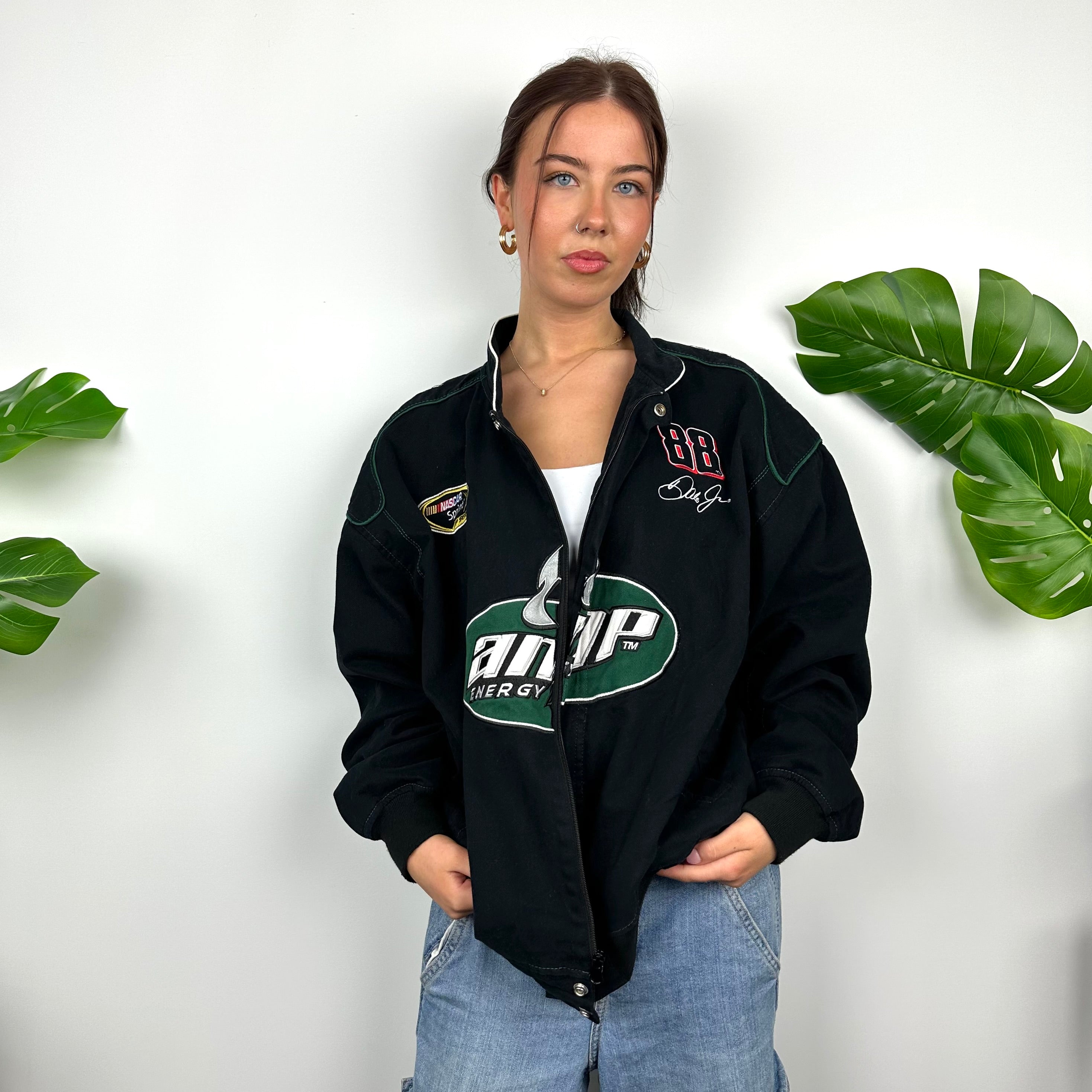 AMP Energy RARE Black NASCAR Racing Jacket as worn by Bella Hadid (L)