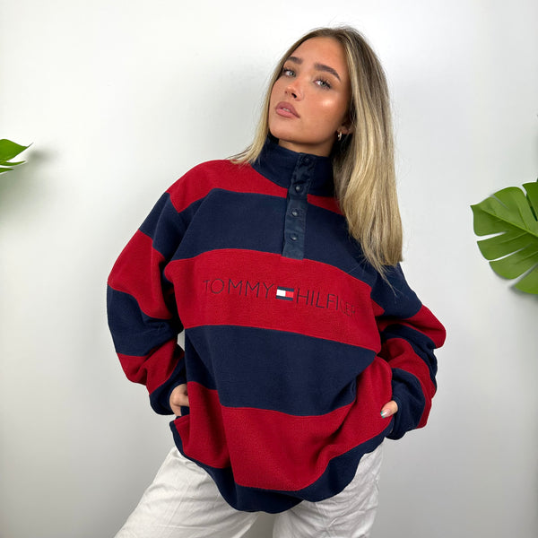 Tommy Hilfiger Red & Navy Striped Embroidered Spell Out Teddy Bear Button Fleece Sweatshirt (M)