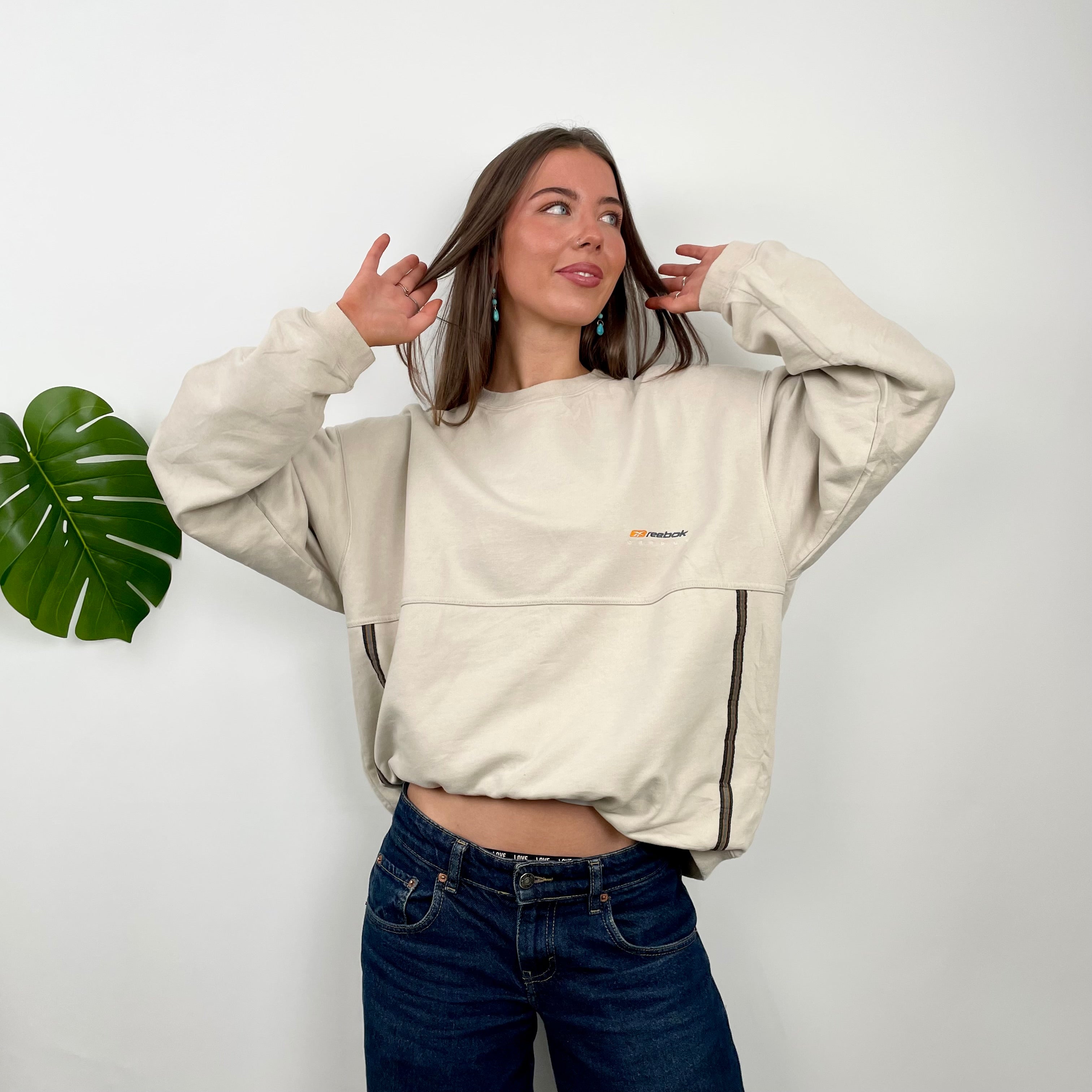 Reebok Cream Embroidered Spell Out Sweatshirt (S)