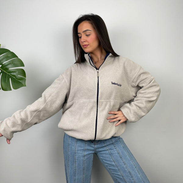 Timberland RARE Cream Embroidered Spell Out Logo Teddy Bear Fleece Zip Up Jacket (L)